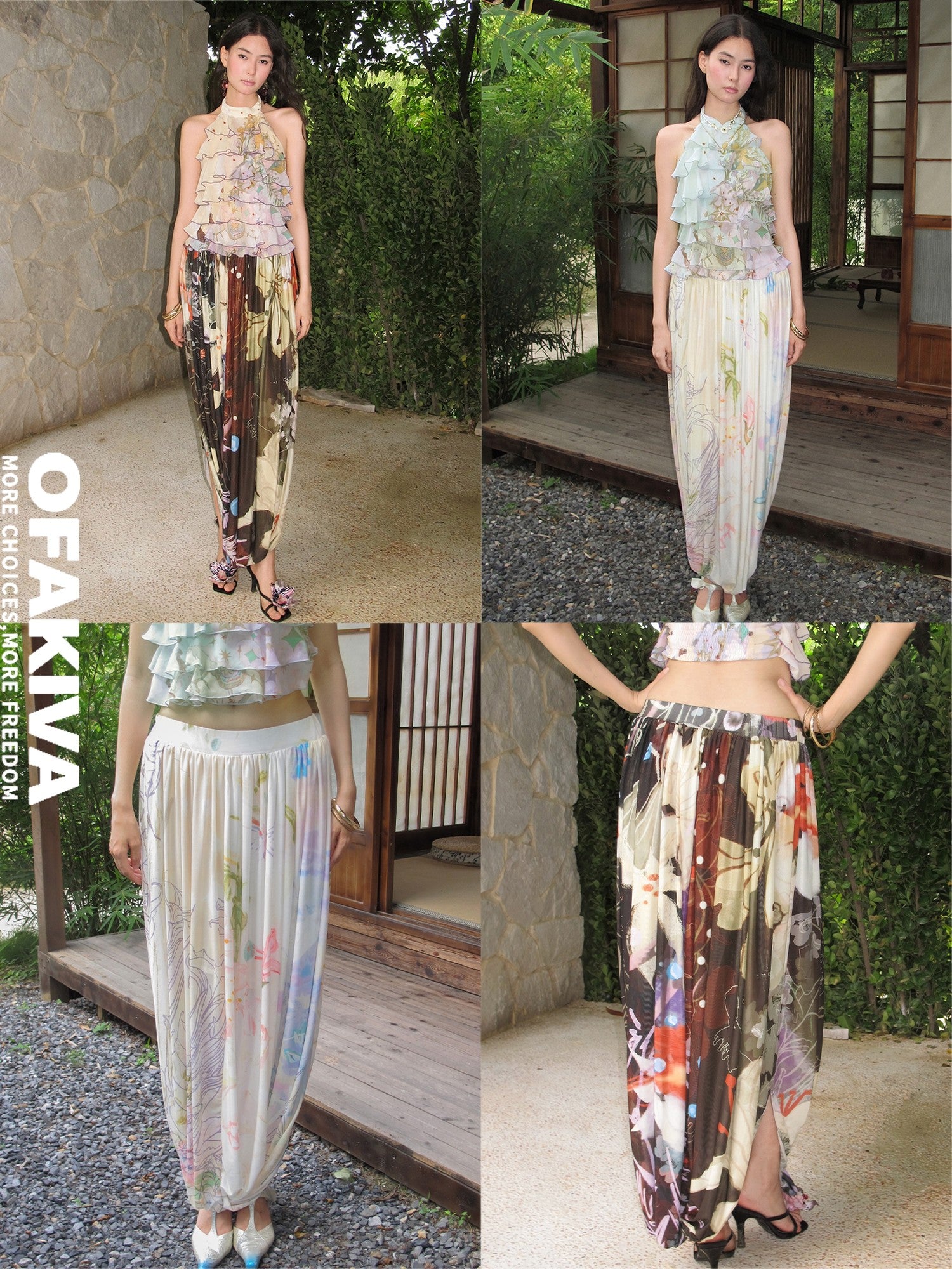 OfAkiva Soft Print Knotted Mesh High Waist Women&