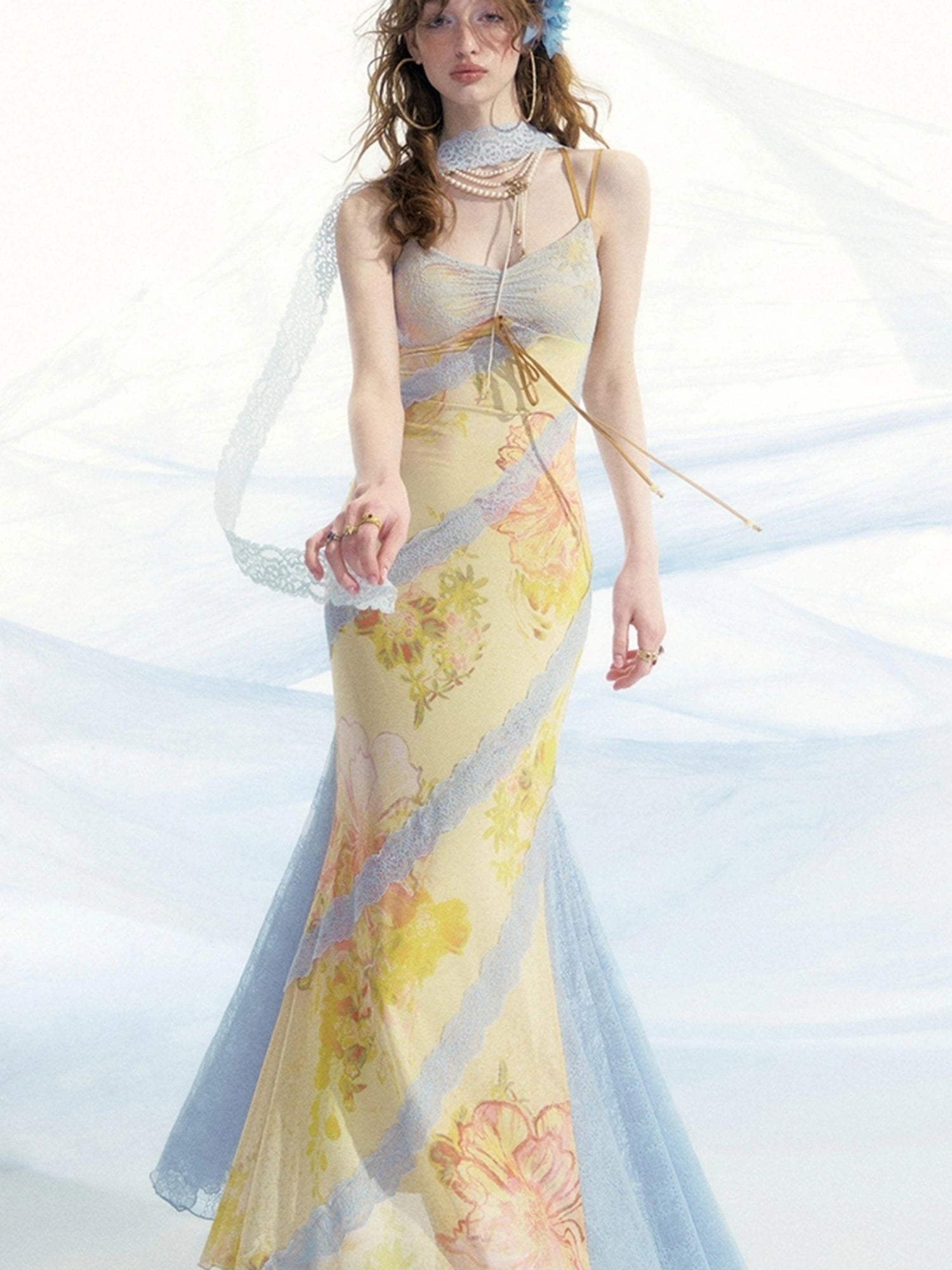 OfAkiva Sonnet Floral Print Halter Neck Lace Dress