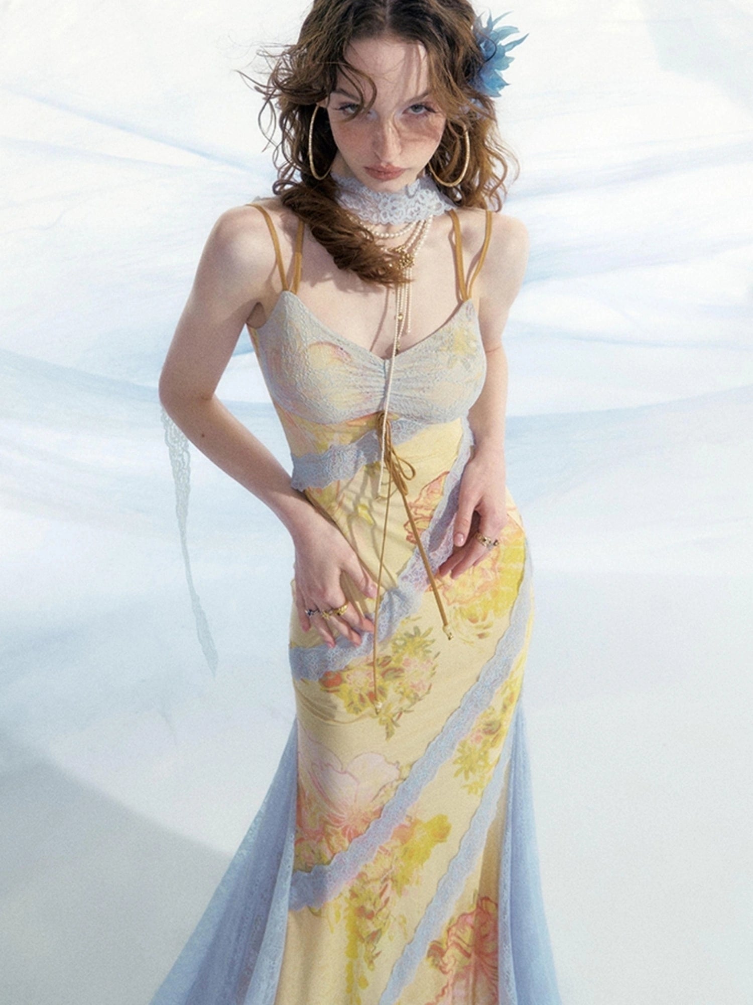 OfAkiva Sonnet Floral Print Halter Neck Lace Dress