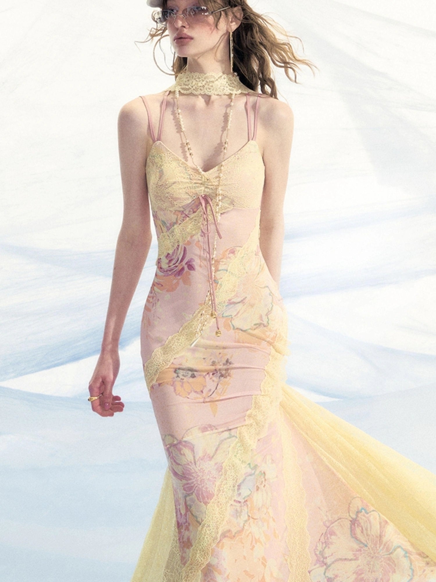 OfAkiva Sonnet Floral Print Halter Neck Lace Dress