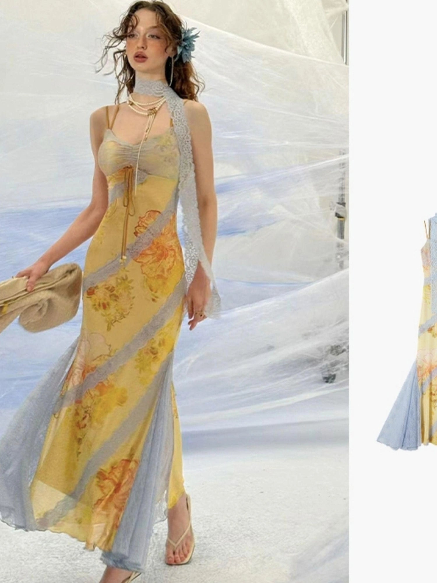 OfAkiva Sonnet Floral Print Halter Neck Lace Dress