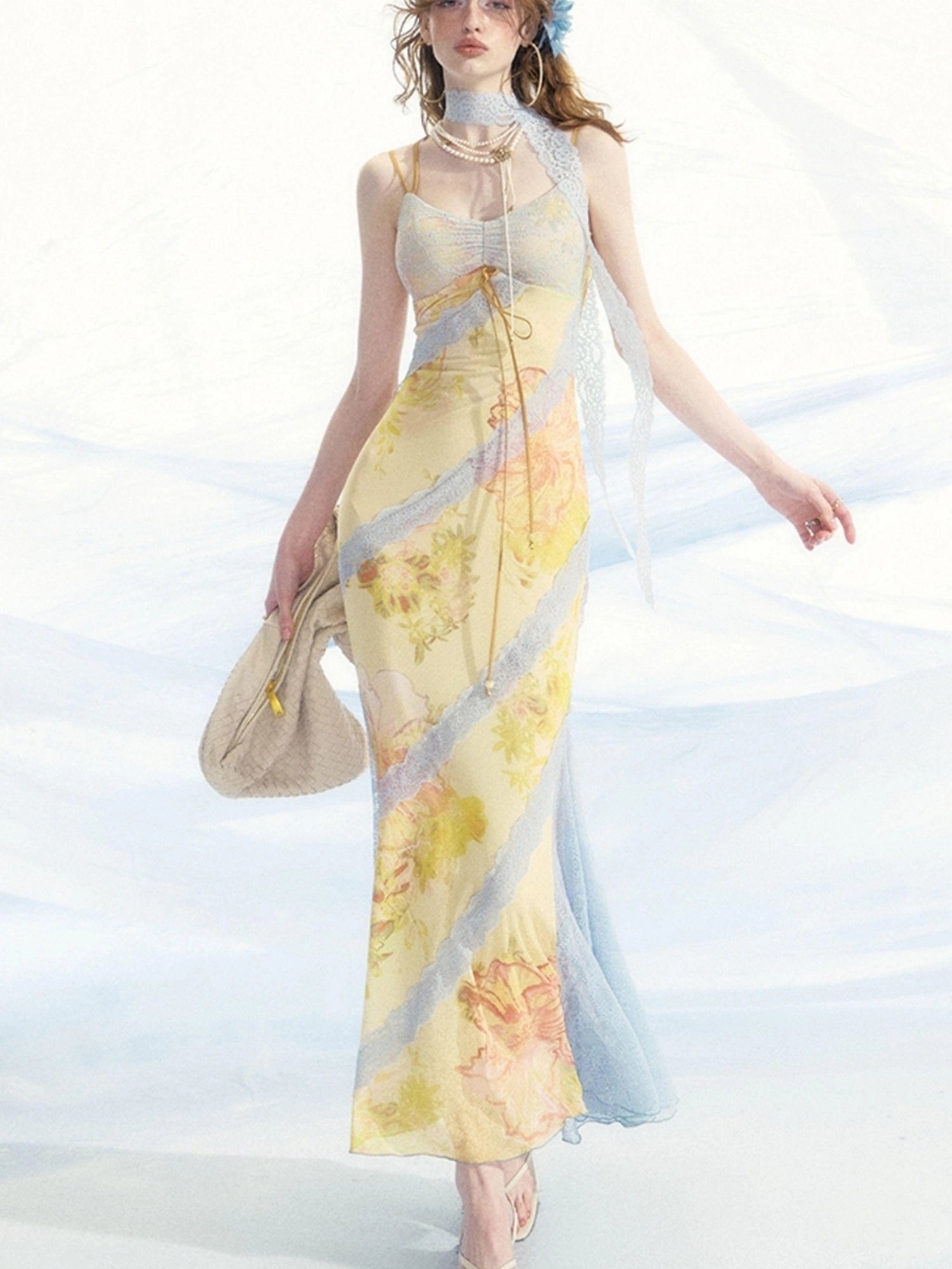 OfAkiva Sonnet Floral Print Halter Neck Lace Dress