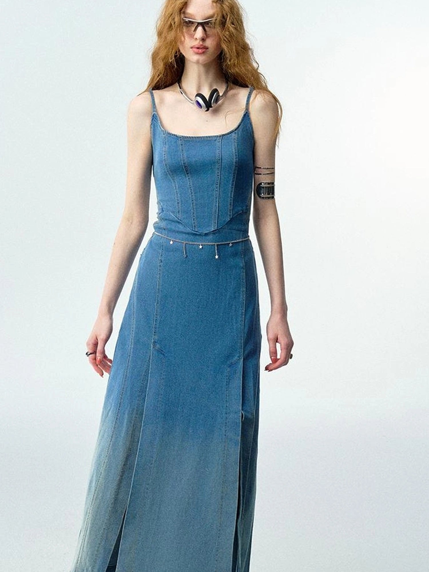 OfAkiva Split Side Denim Slip Dress