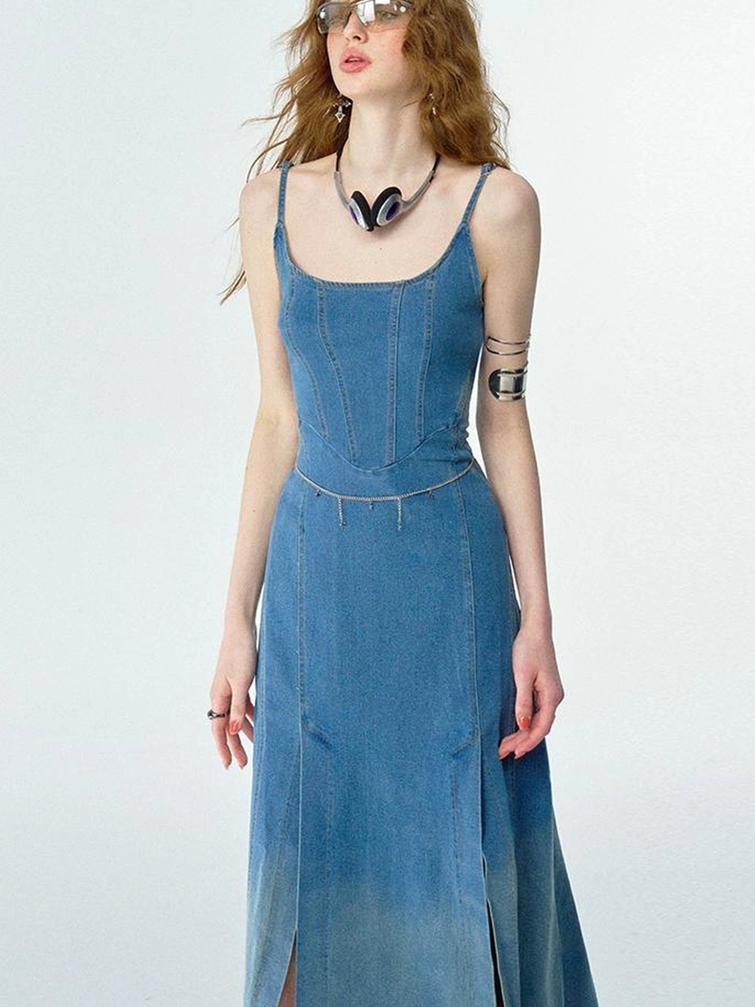 OfAkiva Split Side Denim Slip Dress