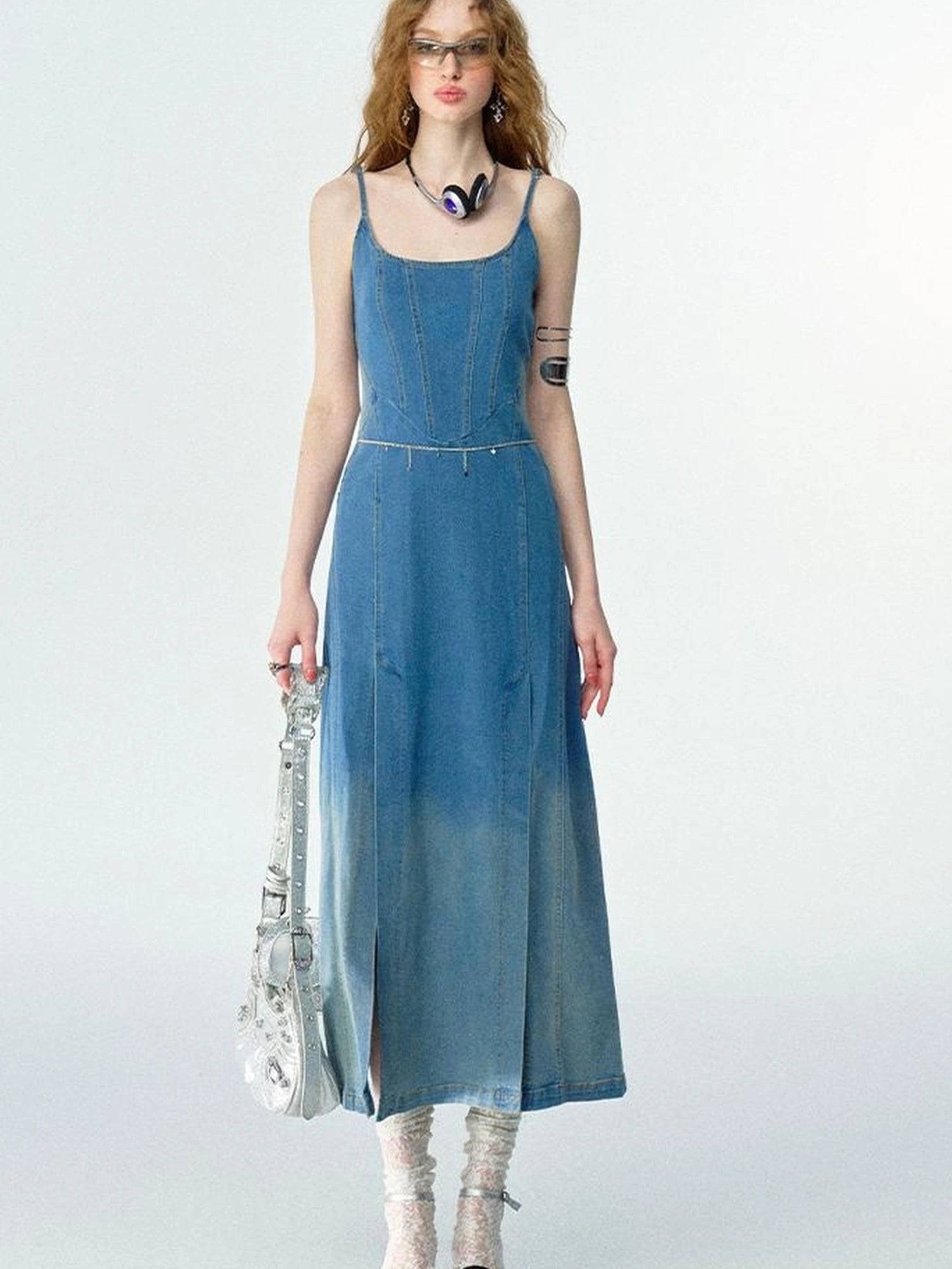 OfAkiva Split Side Denim Slip Dress