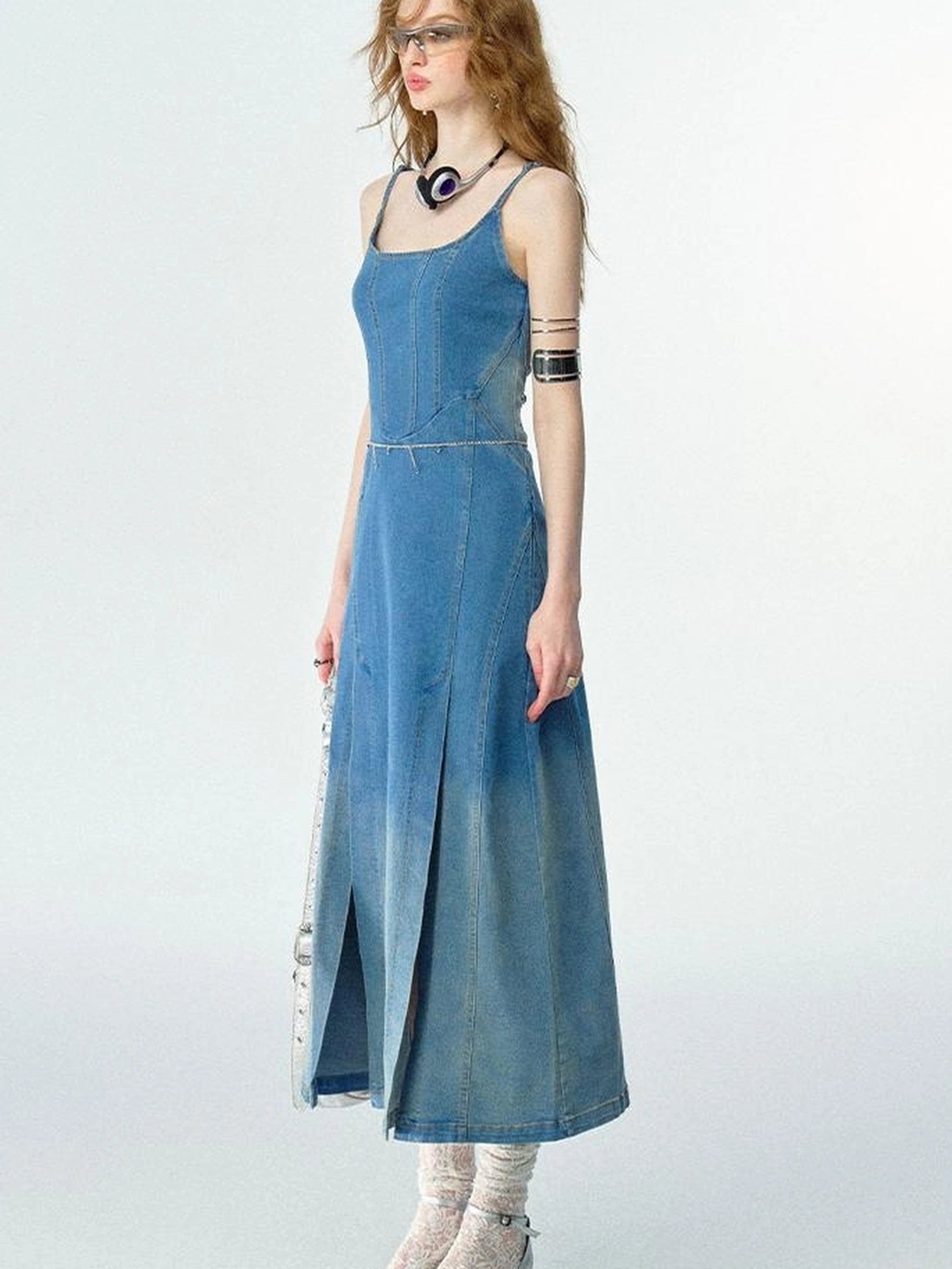 OfAkiva Split Side Denim Slip Dress