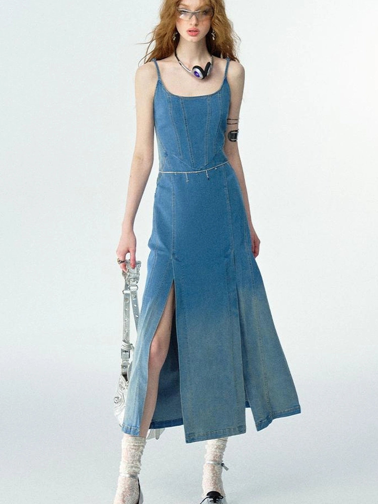 OfAkiva Split Side Denim Slip Dress