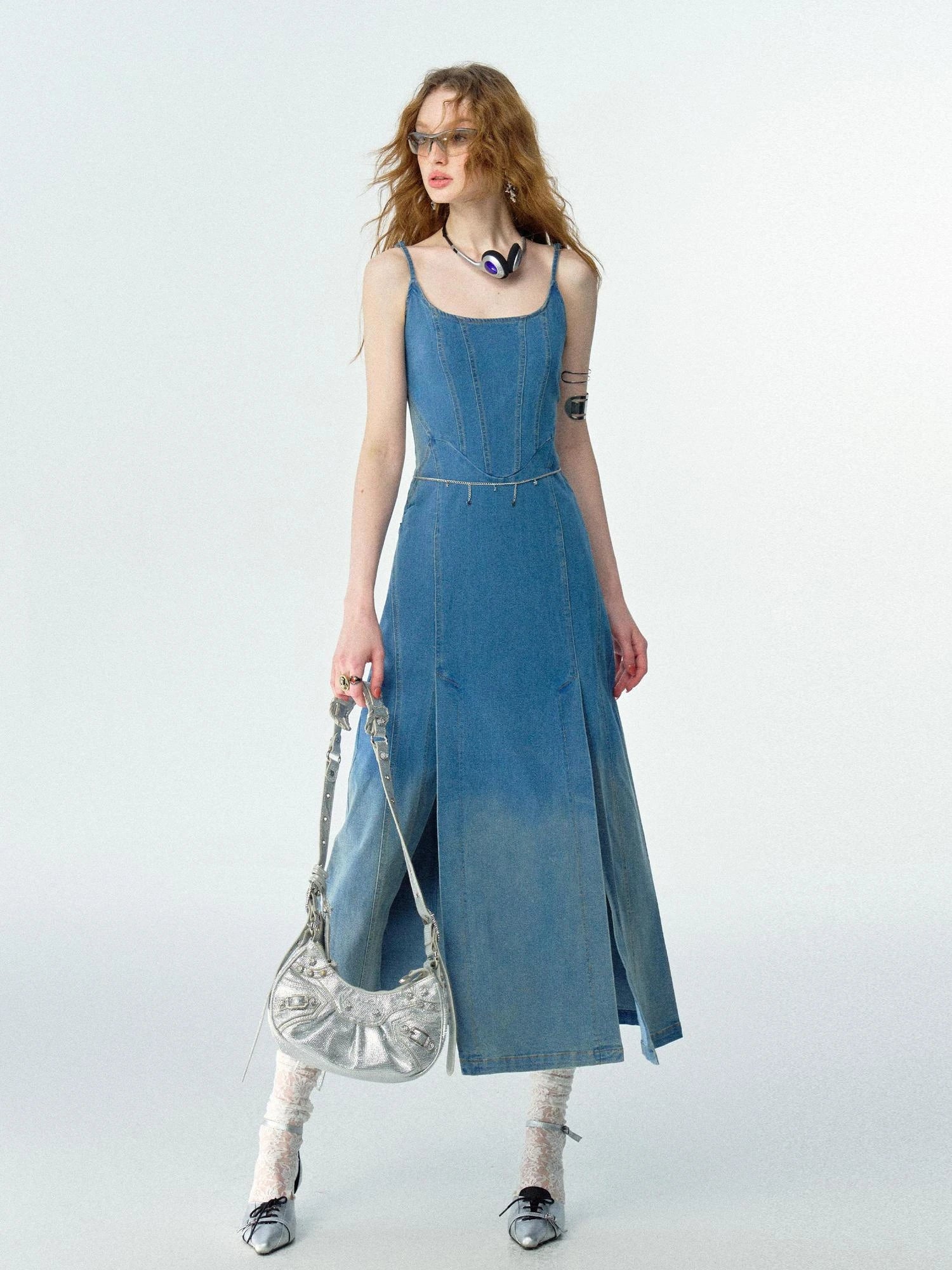 OfAkiva Split Side Denim Slip Dress