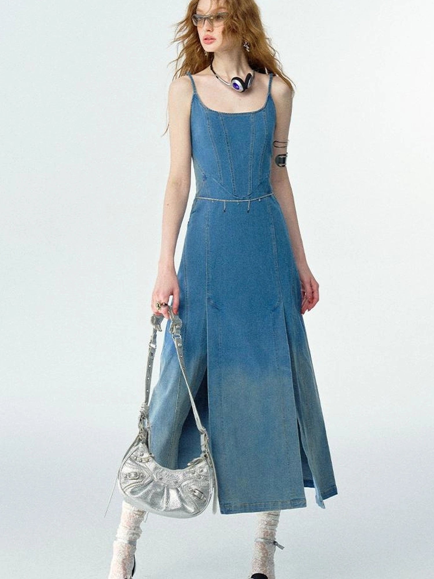 OfAkiva Split Side Denim Slip Dress