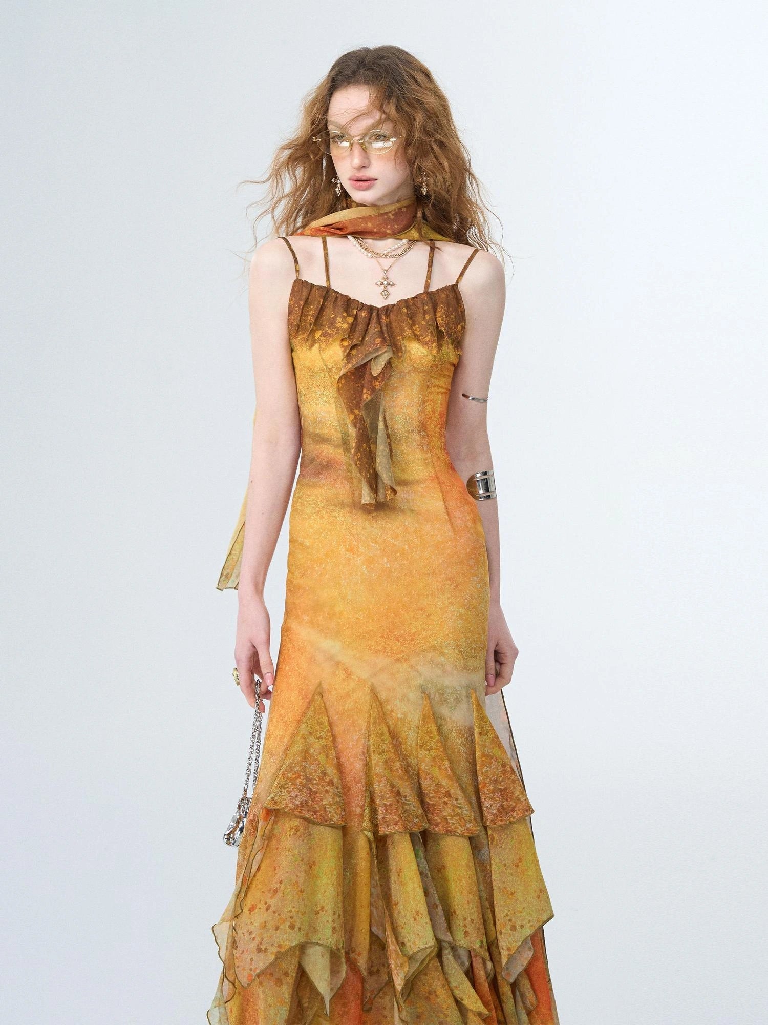 OfAkiva Sunset Glow A Line Slip Dress V-neck T-shirt Long Sleeve