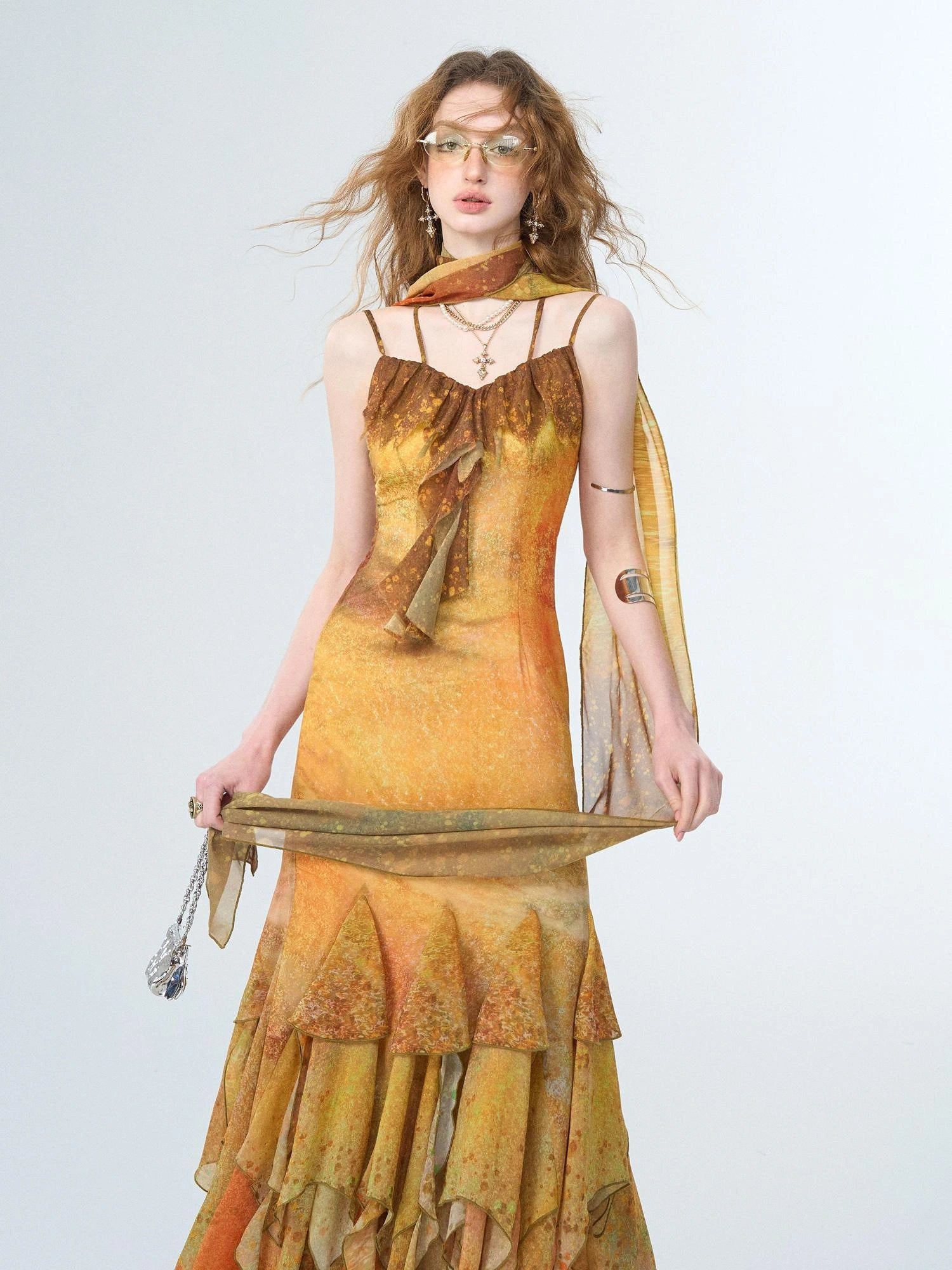 OfAkiva Sunset Glow A Line Slip Dress V-neck T-shirt Long Sleeve