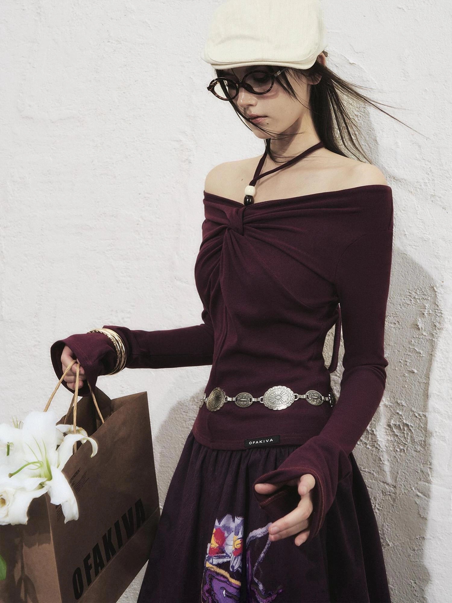 OfAkiva Sunset Love Knot Shoulder Beaded T-shirt