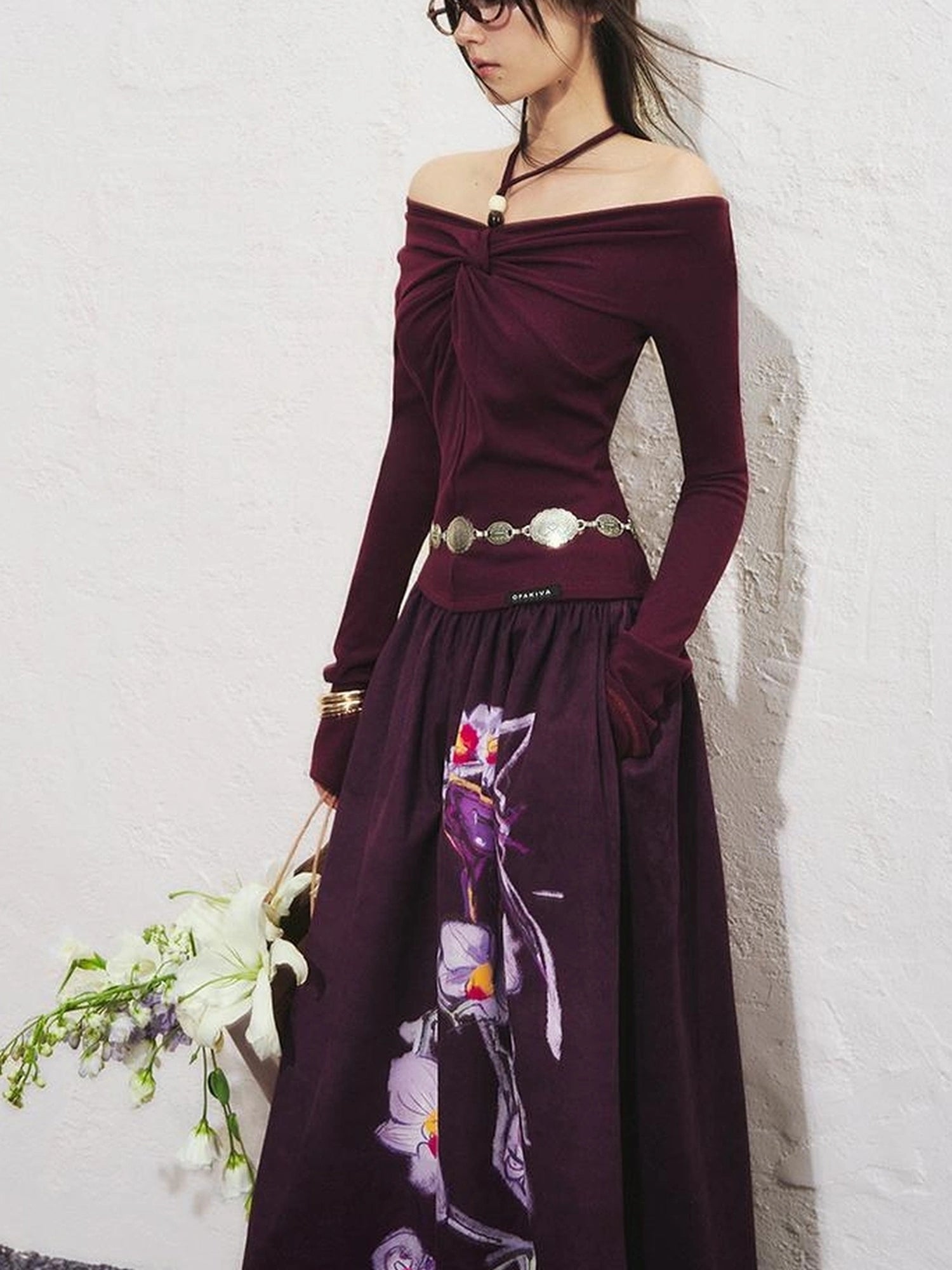 OfAkiva Sunset Love Knot Shoulder Beaded T-shirt