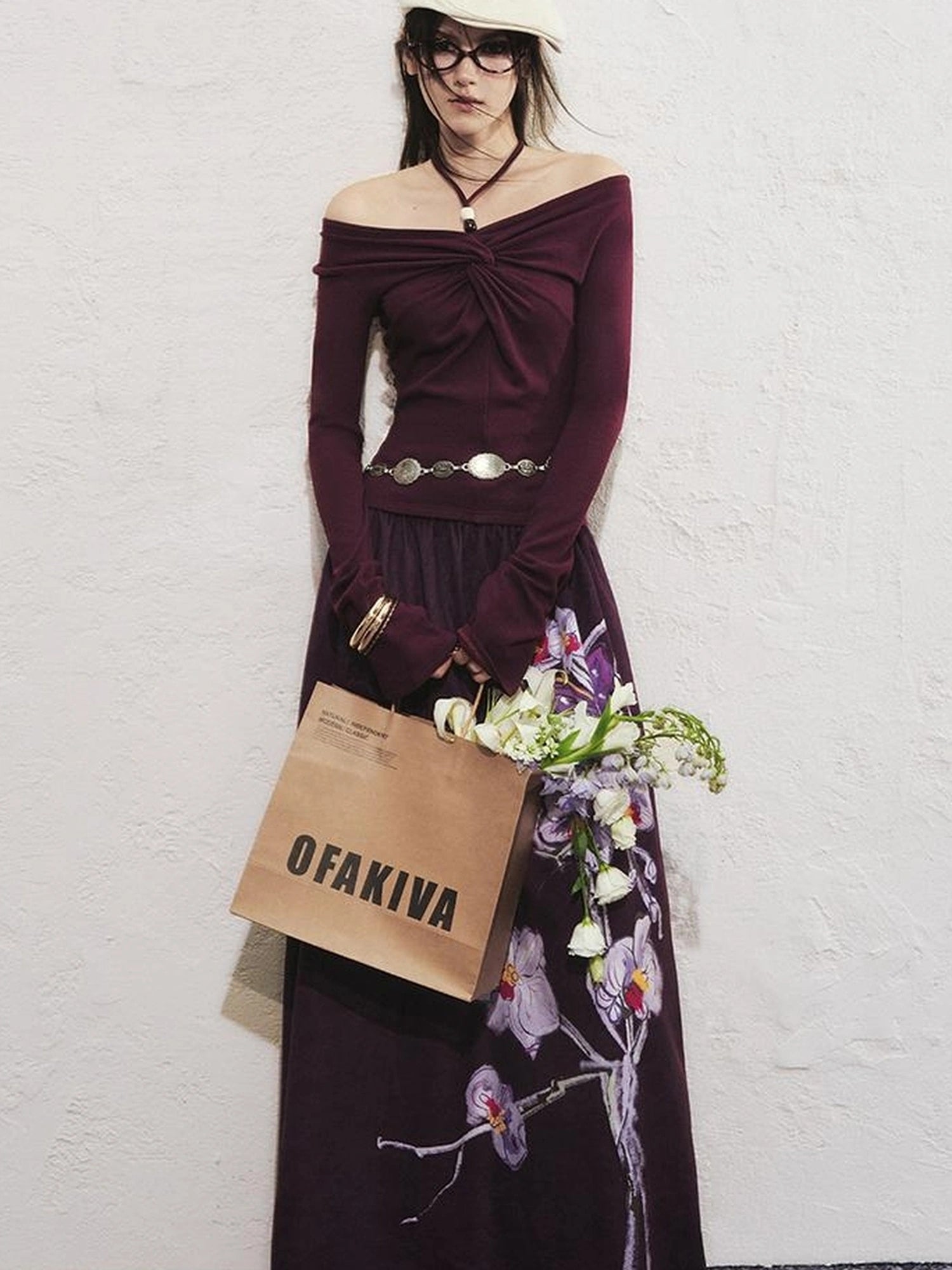 OfAkiva Sunset Love Knot Shoulder Beaded T-shirt