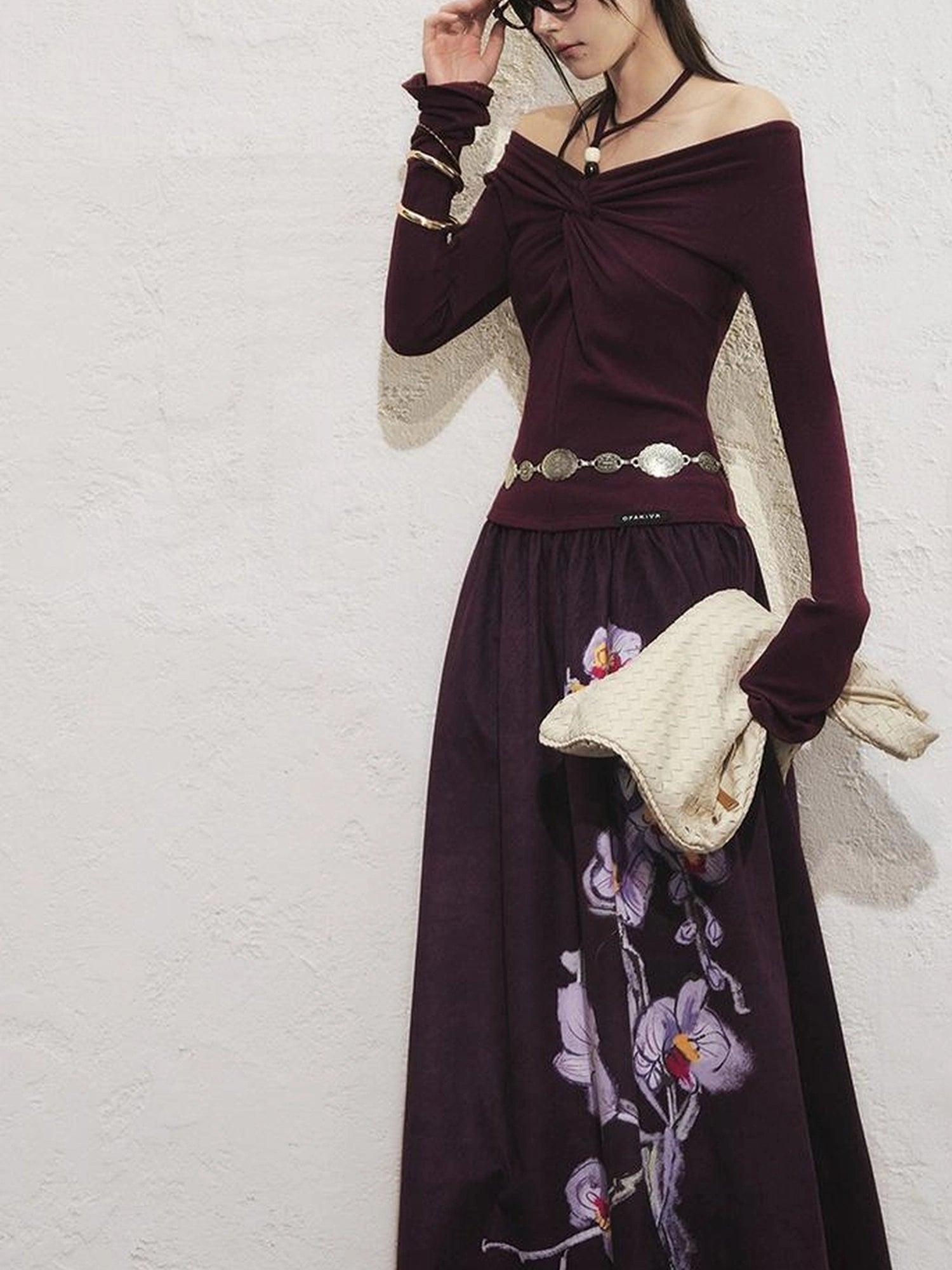 OfAkiva Sunset Love Knot Shoulder Beaded T-shirt