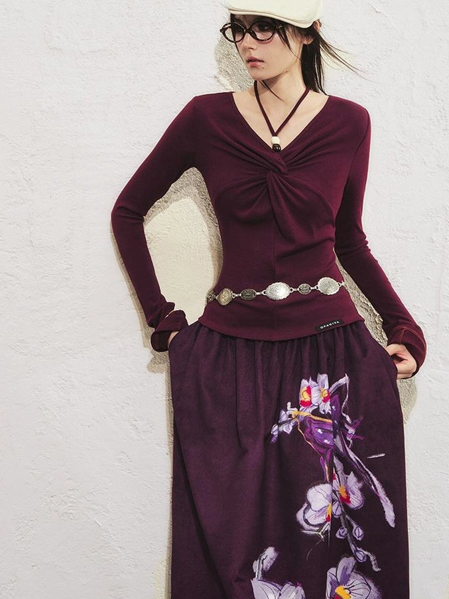 OfAkiva Sunset Love Knot Shoulder Beaded T-shirt