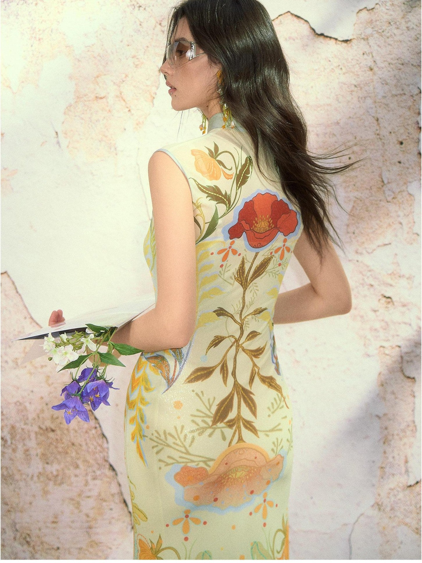 OfAkiva Teal Poppy Print Stand Collar Women&