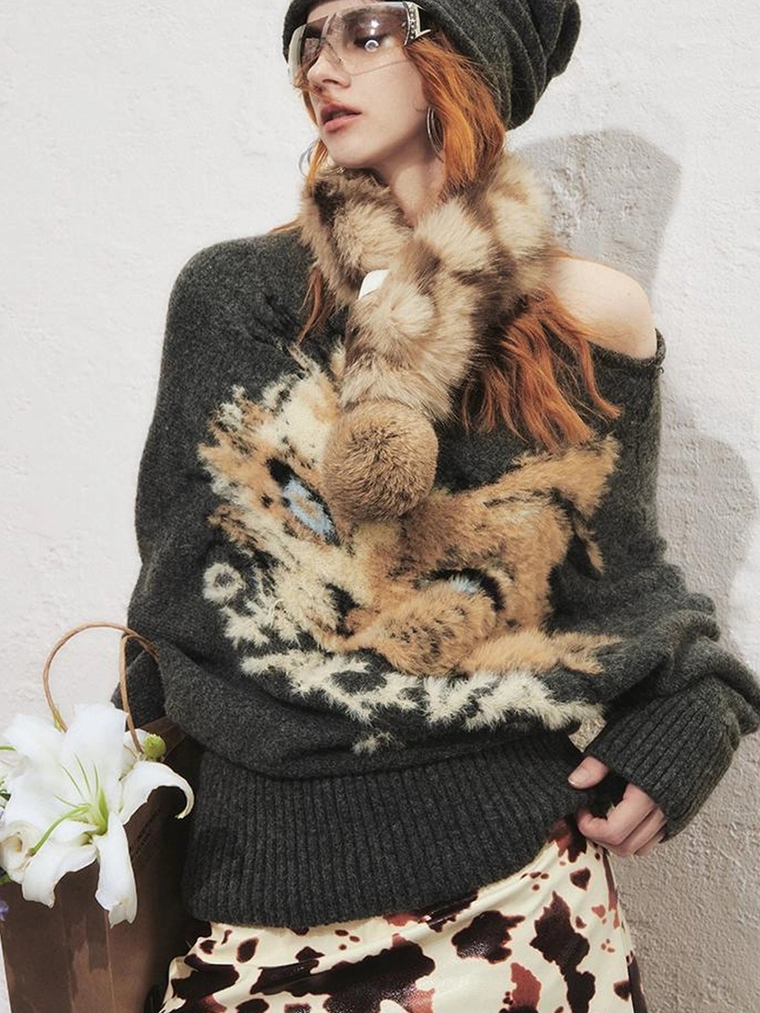 OfAkiva Tri Color White Floral Eco Fur Cat Collar