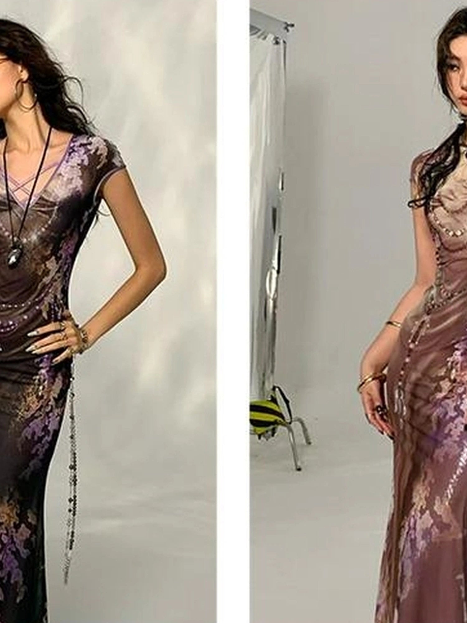 Tuscan Floral Sculpture Print Two Piece Dress V-neck T-shirt Long Sleeve