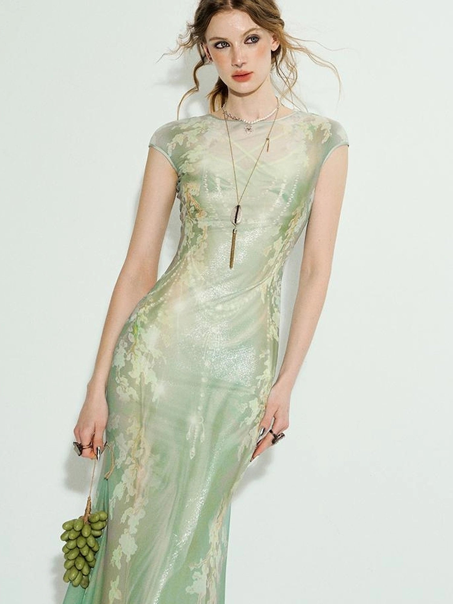 Tuscan Floral Sculpture Print Two Piece Dress V-neck T-shirt Long Sleeve