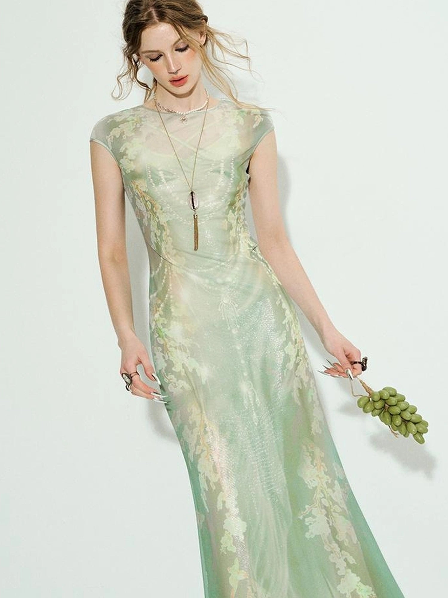 Tuscan Floral Sculpture Print Two Piece Dress V-neck T-shirt Long Sleeve