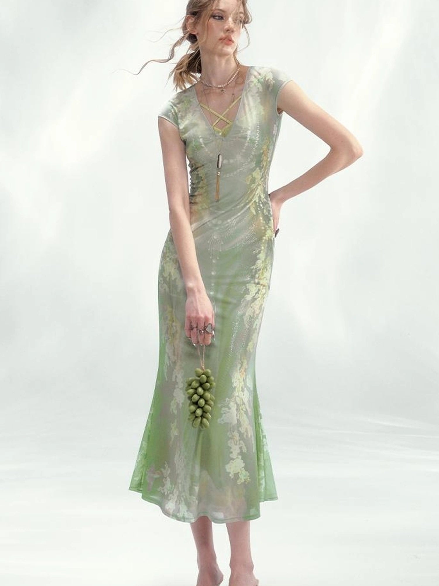 Tuscan Floral Sculpture Print Two Piece Dress V-neck T-shirt Long Sleeve