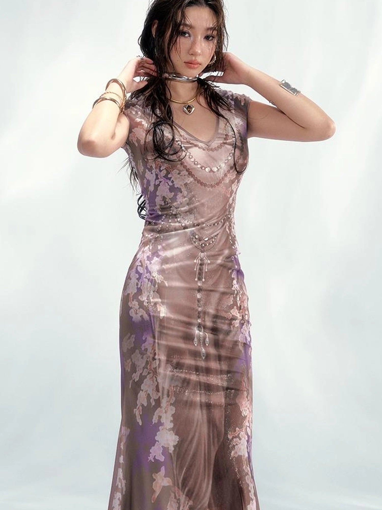 Tuscan Floral Sculpture Print Two Piece Dress V-neck T-shirt Long Sleeve