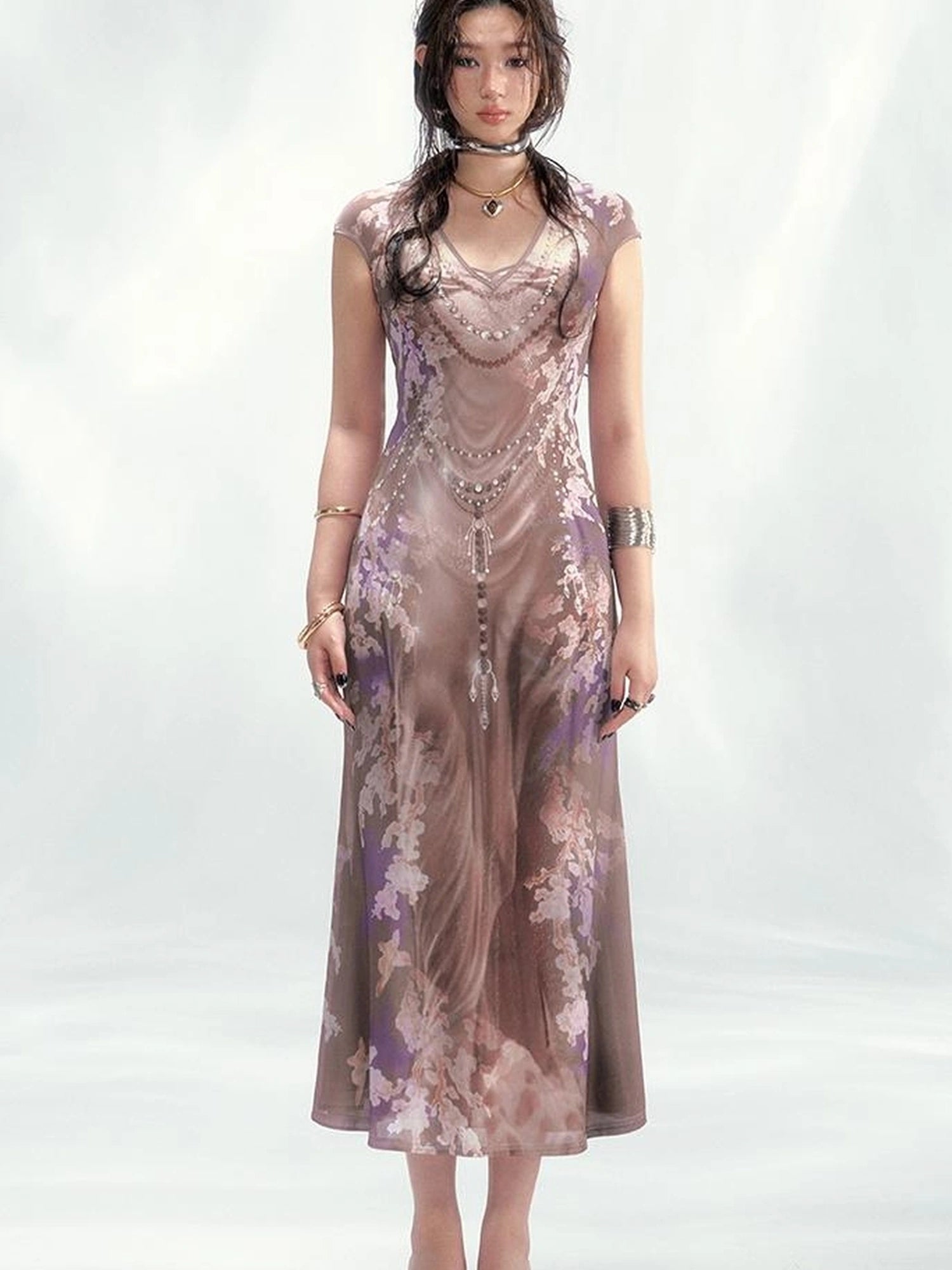 Tuscan Floral Sculpture Print Two Piece Dress V-neck T-shirt Long Sleeve