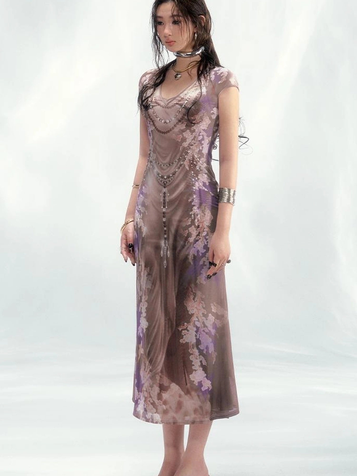 Tuscan Floral Sculpture Print Two Piece Dress V-neck T-shirt Long Sleeve