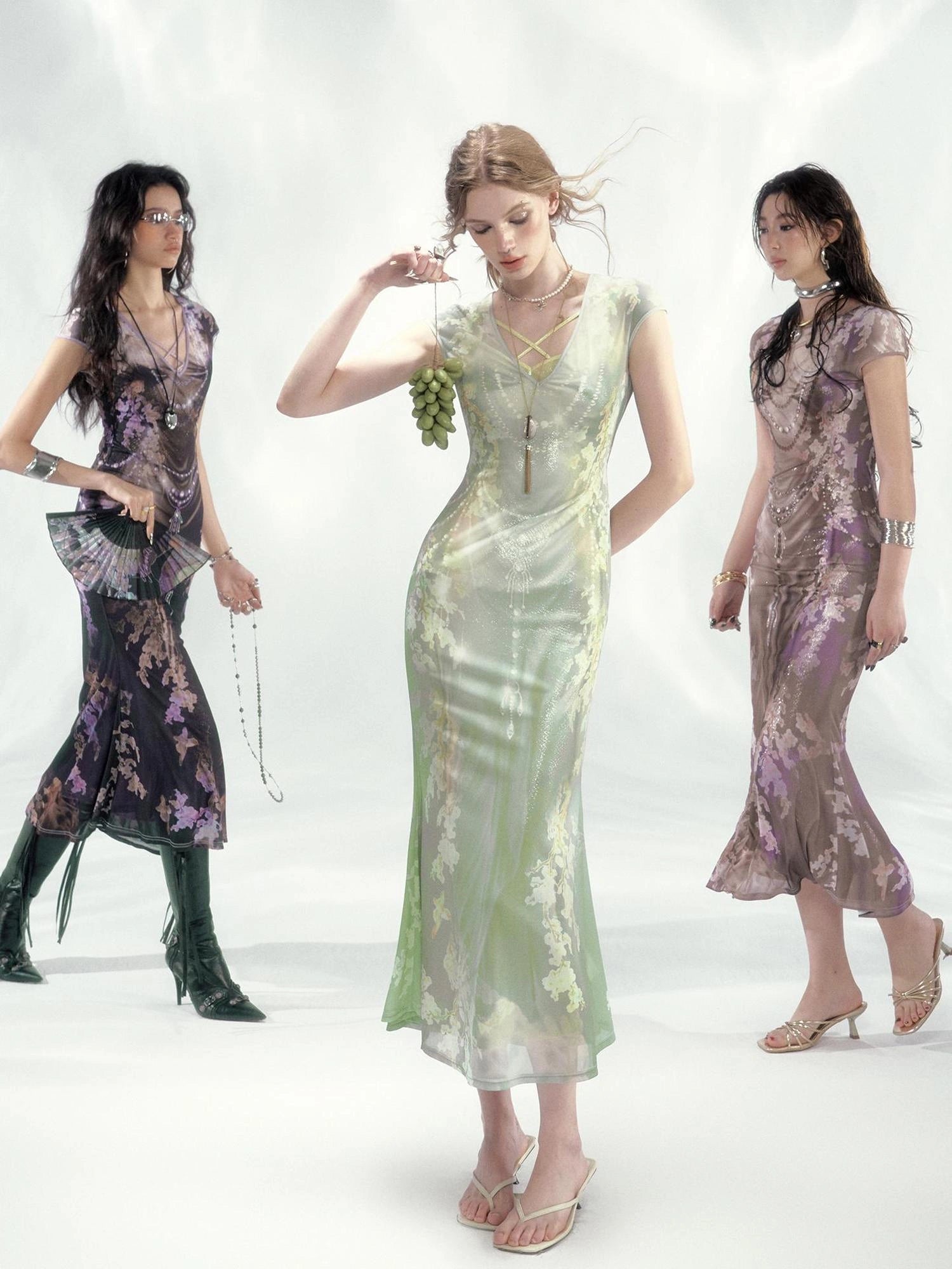 Tuscan Floral Sculpture Print Two Piece Dress V-neck T-shirt Long Sleeve