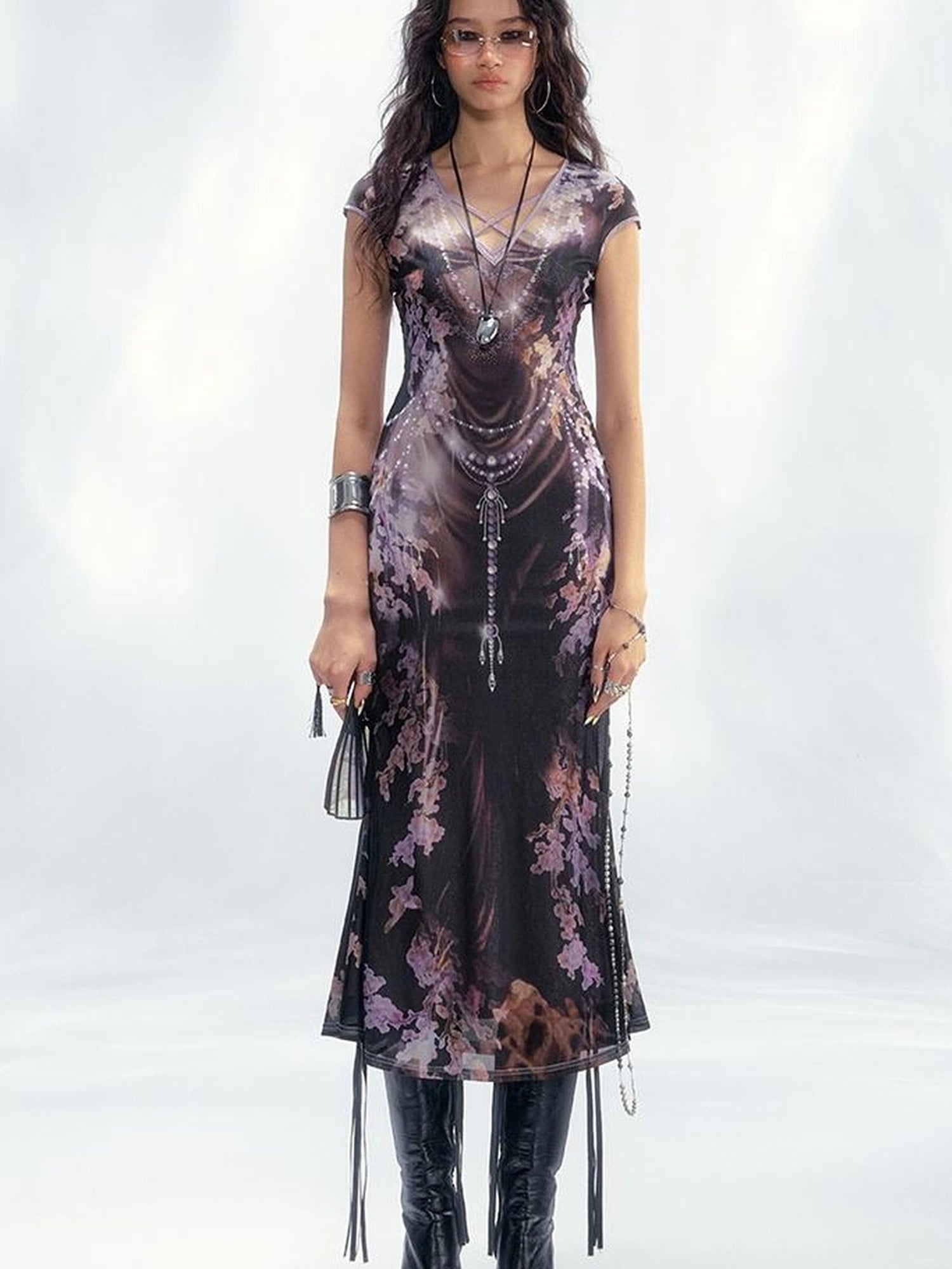 Tuscan Floral Sculpture Print Two Piece Dress V-neck T-shirt Long Sleeve