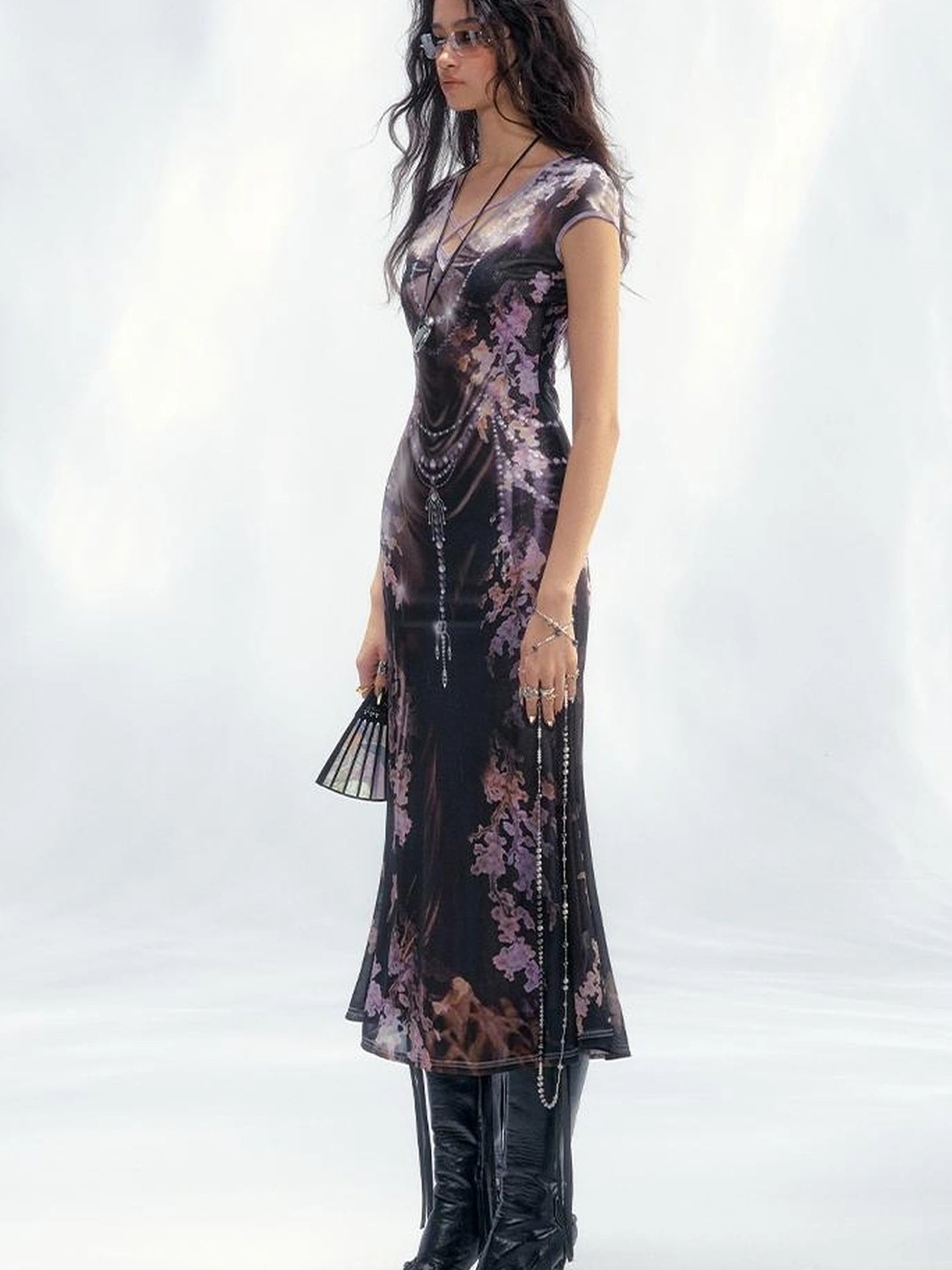 Tuscan Floral Sculpture Print Two Piece Dress V-neck T-shirt Long Sleeve