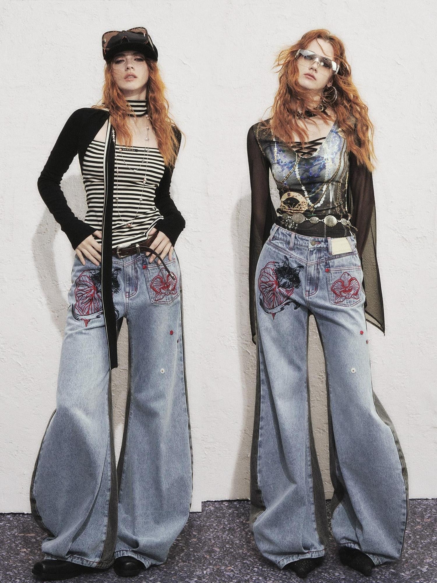 OfAkiva Two Tone Cat Floral Embroidered Asymmetric Pocket Women&