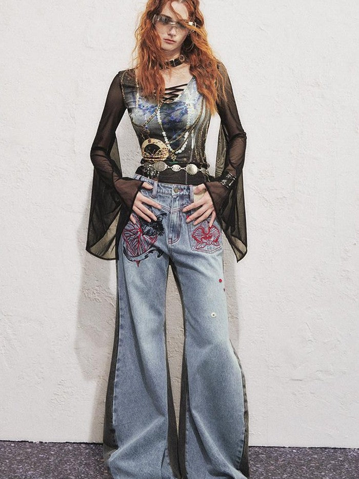OfAkiva Two Tone Cat Floral Embroidered Asymmetric Pocket Women&