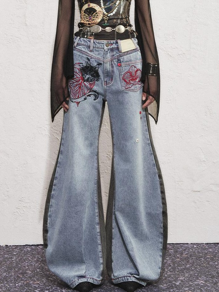 OfAkiva Two Tone Cat Floral Embroidered Asymmetric Pocket Women&