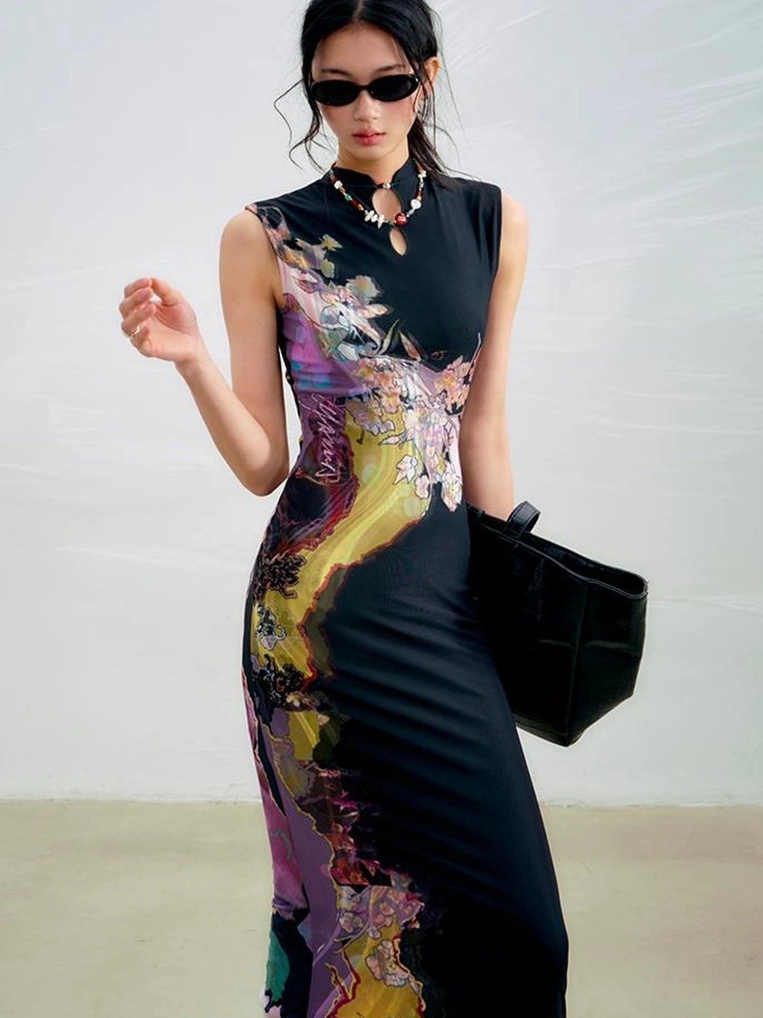 OfAkiva Two Tone Reversible Floral Qipao Dress