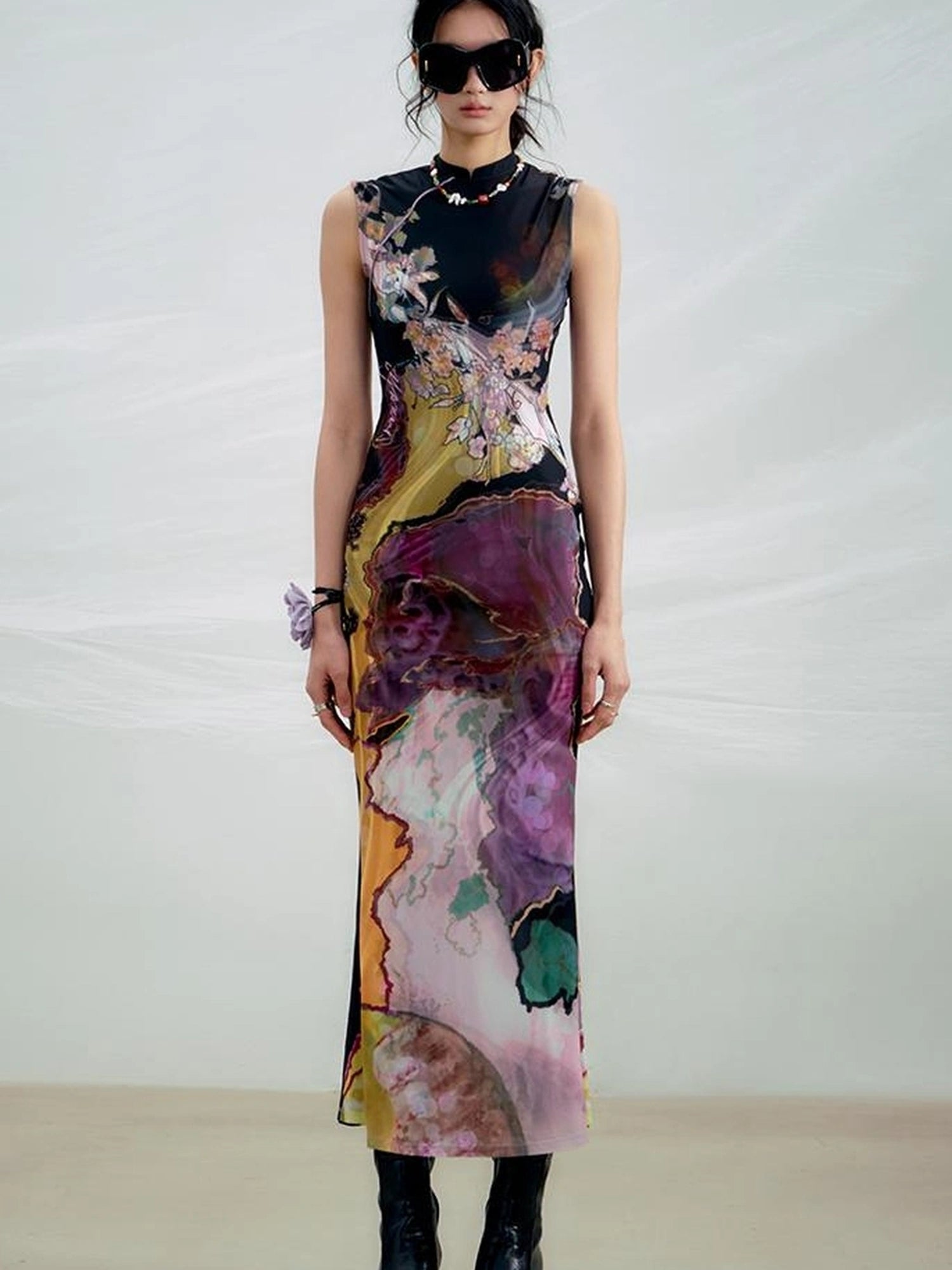 OfAkiva Two Tone Reversible Floral Qipao Dress