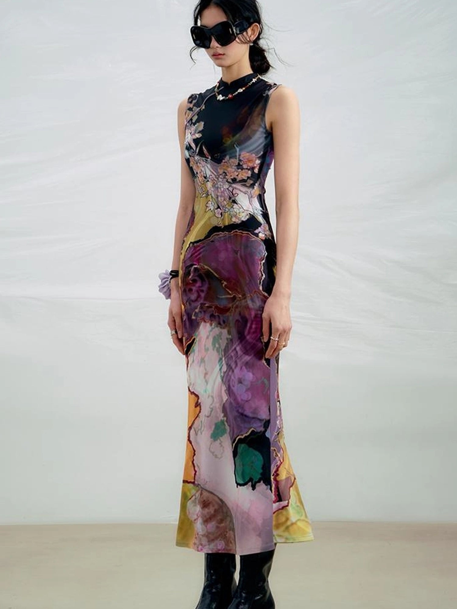 OfAkiva Two Tone Reversible Floral Qipao Dress