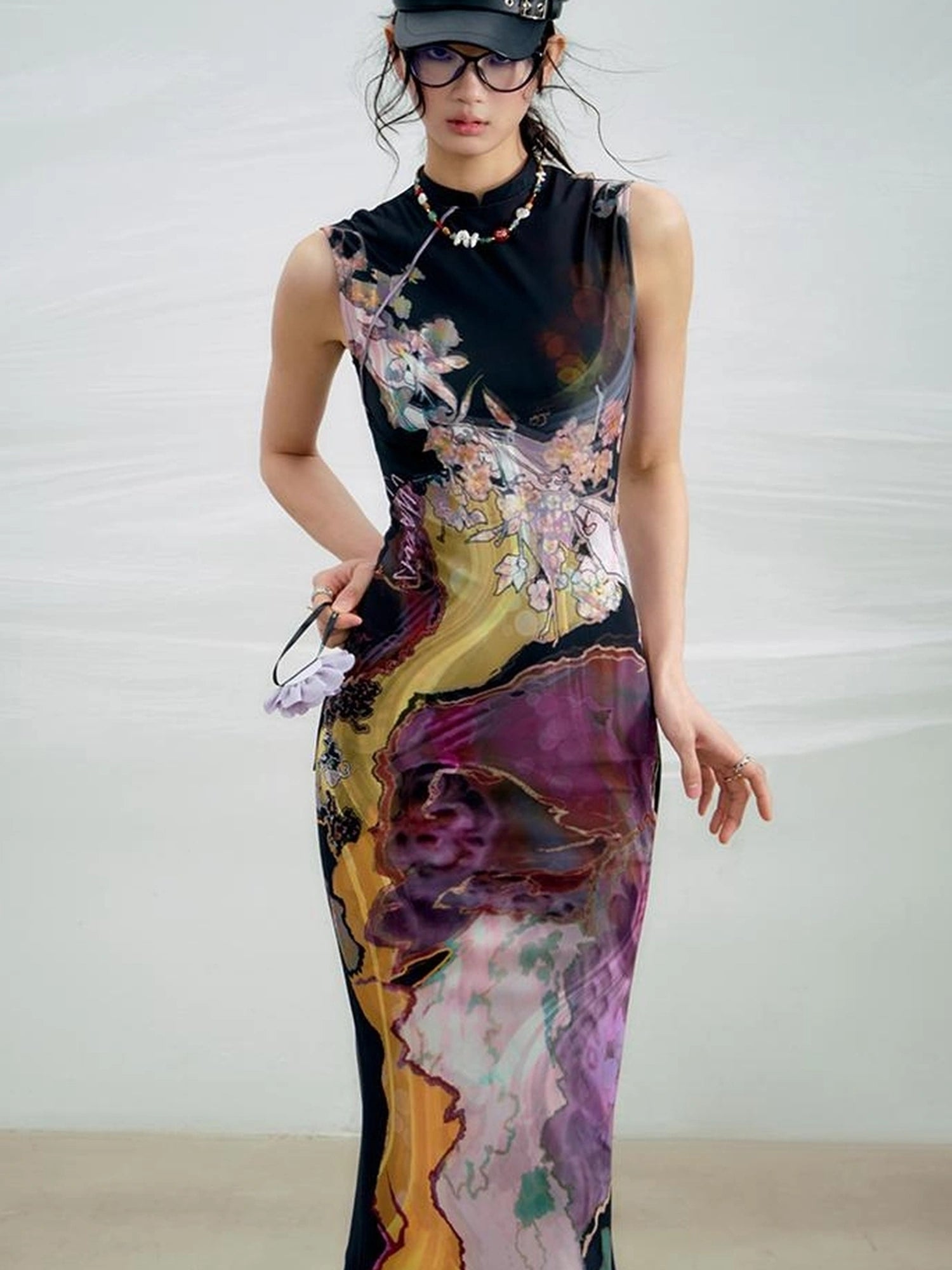 OfAkiva Two Tone Reversible Floral Qipao Dress