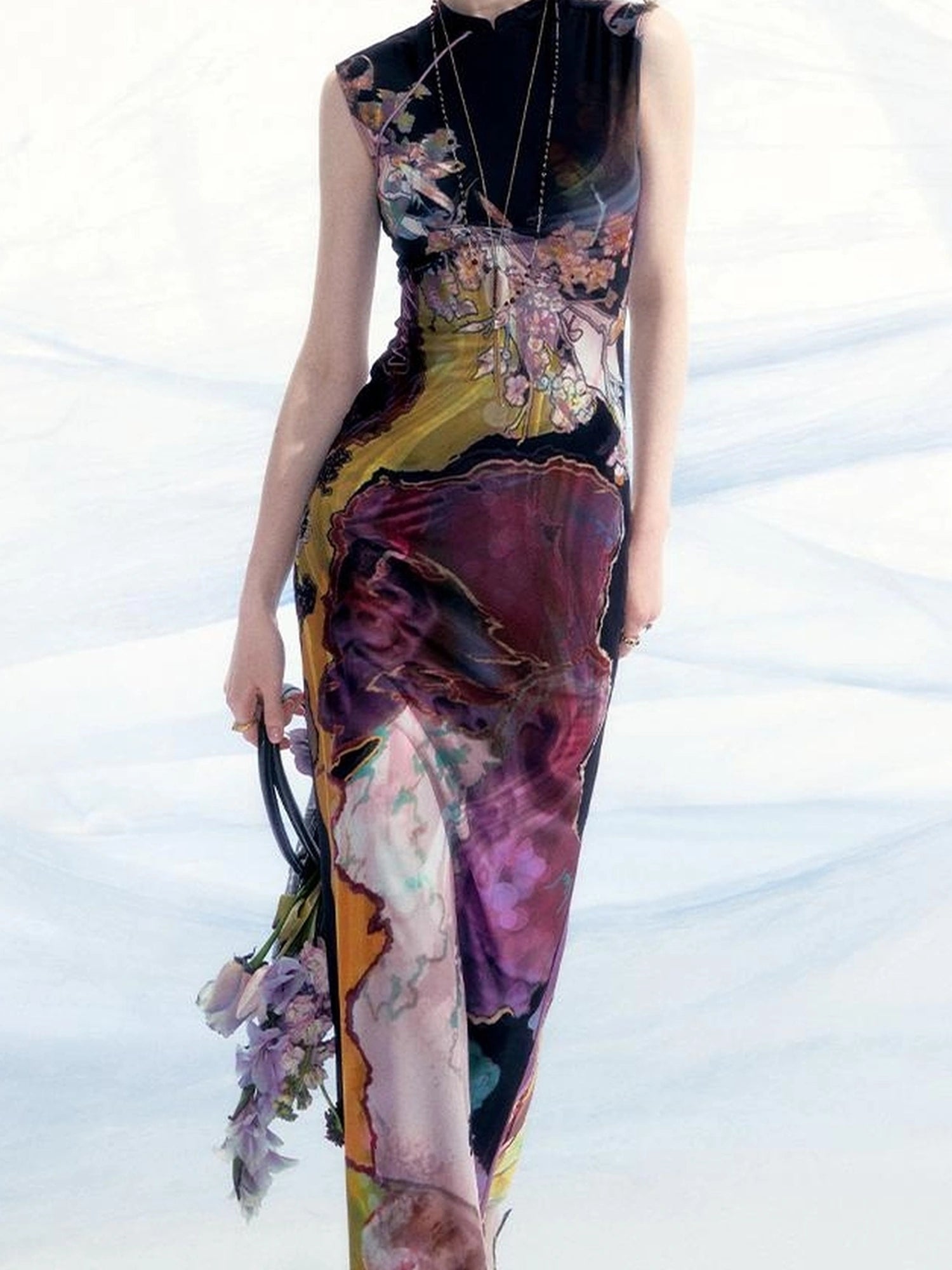 OfAkiva Two Tone Reversible Floral Qipao Dress