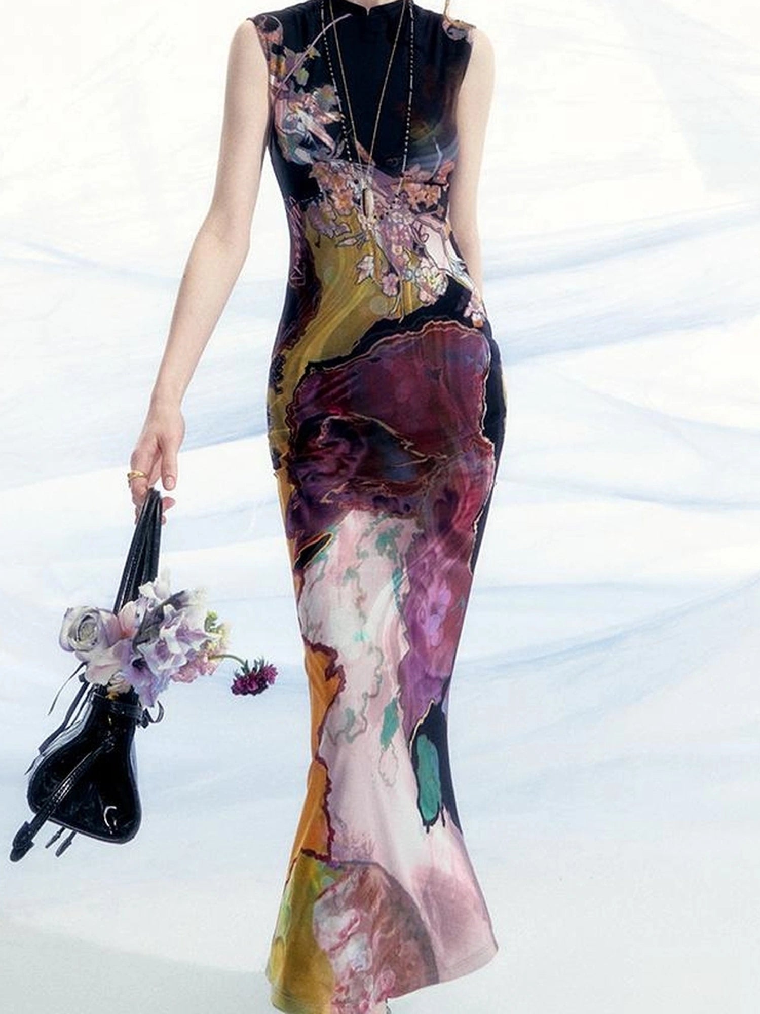 OfAkiva Two Tone Reversible Floral Qipao Dress