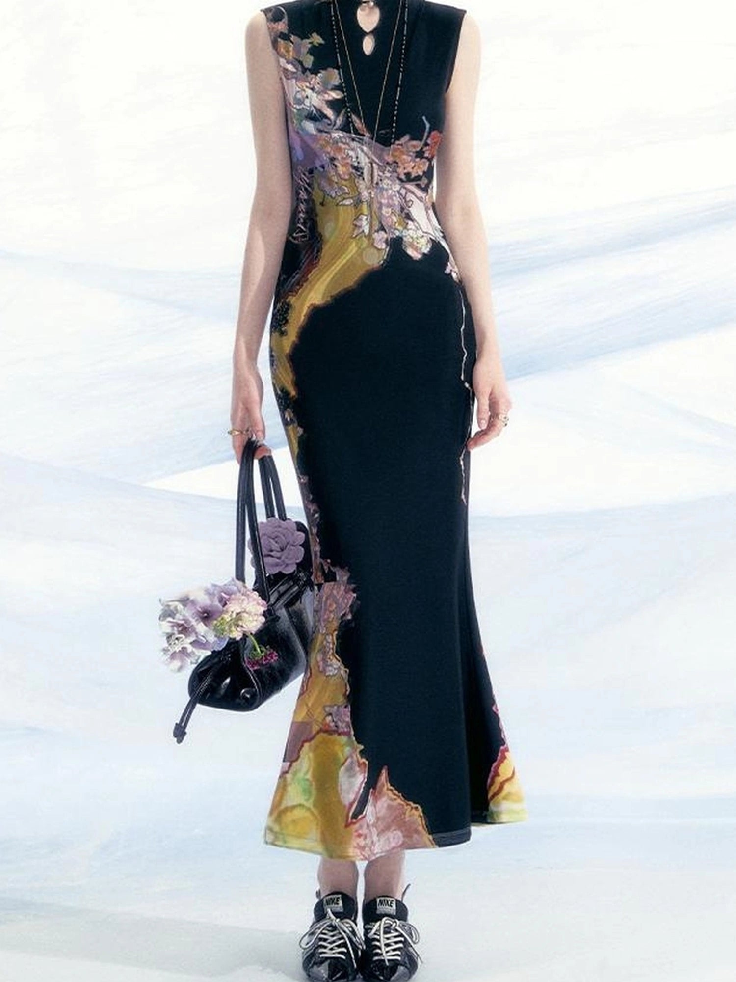 OfAkiva Two Tone Reversible Floral Qipao Dress