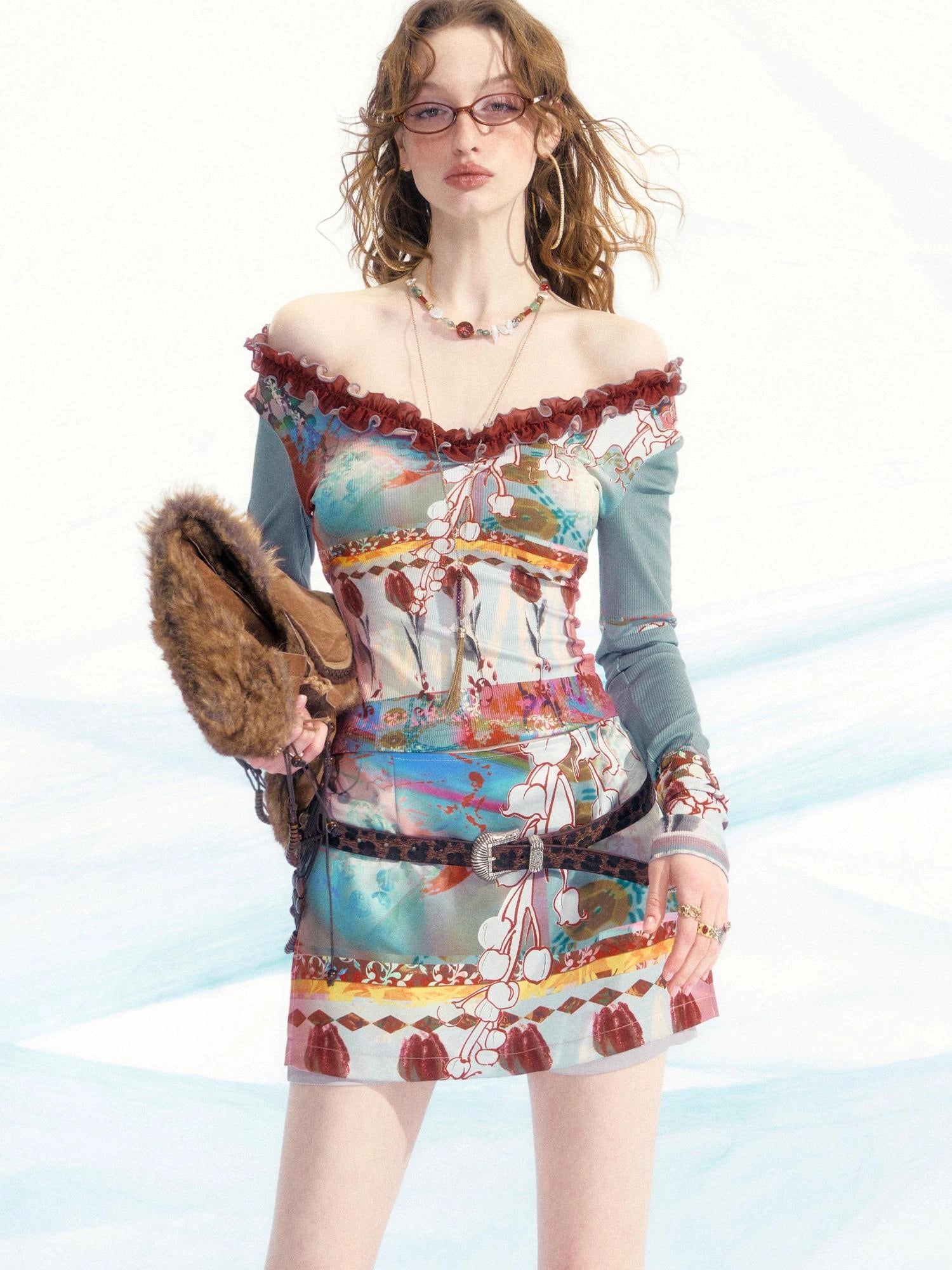 OfAkiva Two Way Off Shoulder Top Skirt Set With Ink Painting Print