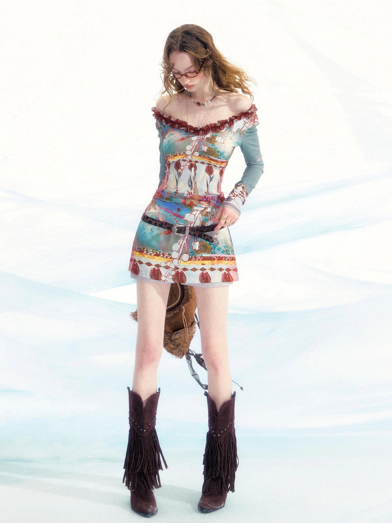 OfAkiva Two Way Off Shoulder Top Skirt Set With Ink Painting Print