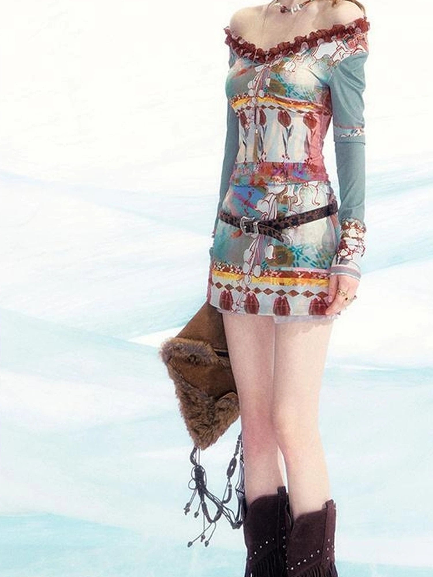 OfAkiva Two Way Off Shoulder Top Skirt Set With Ink Painting Print