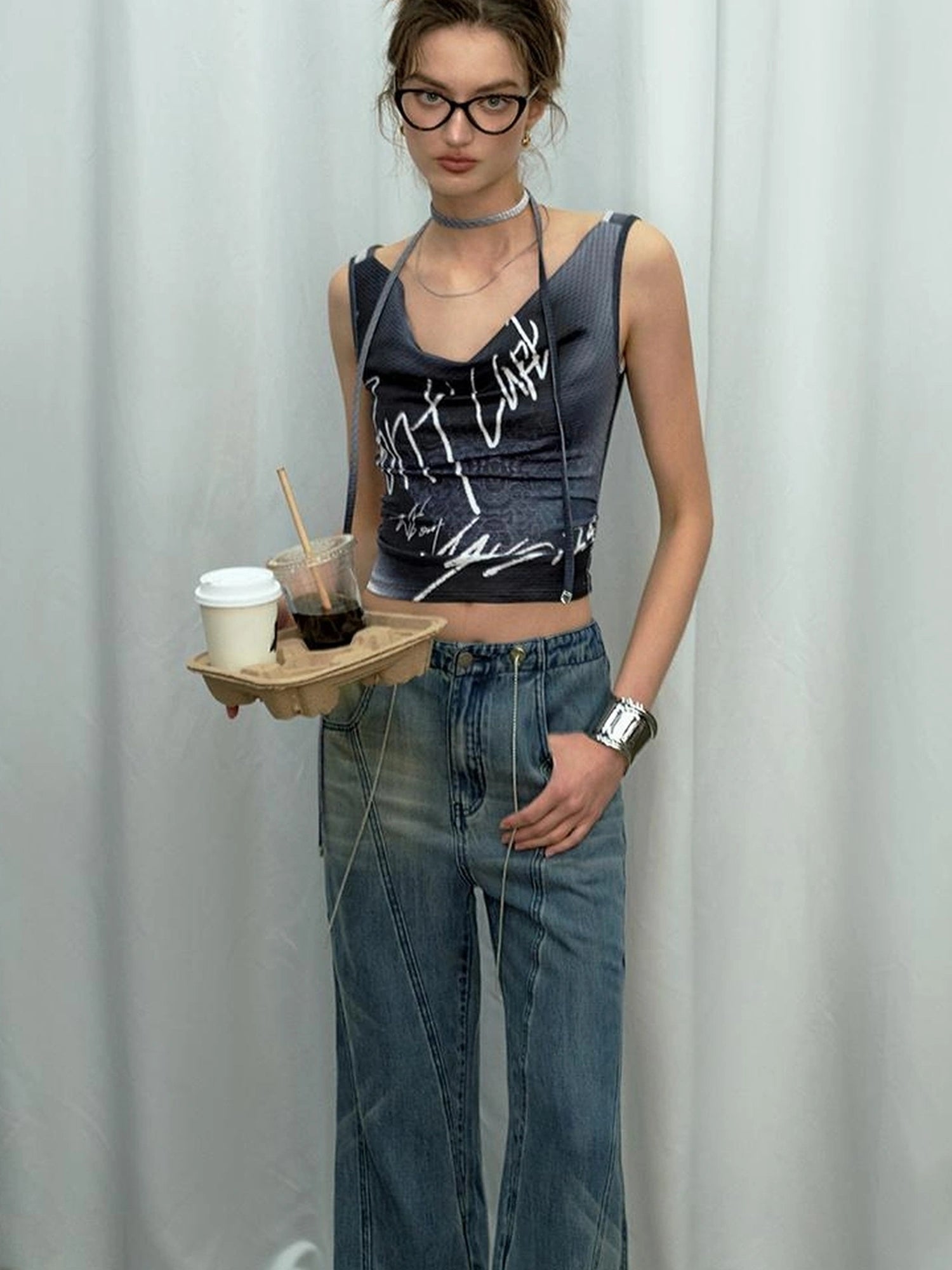 OfAkiva Undefined Print V-Neck Tank Top