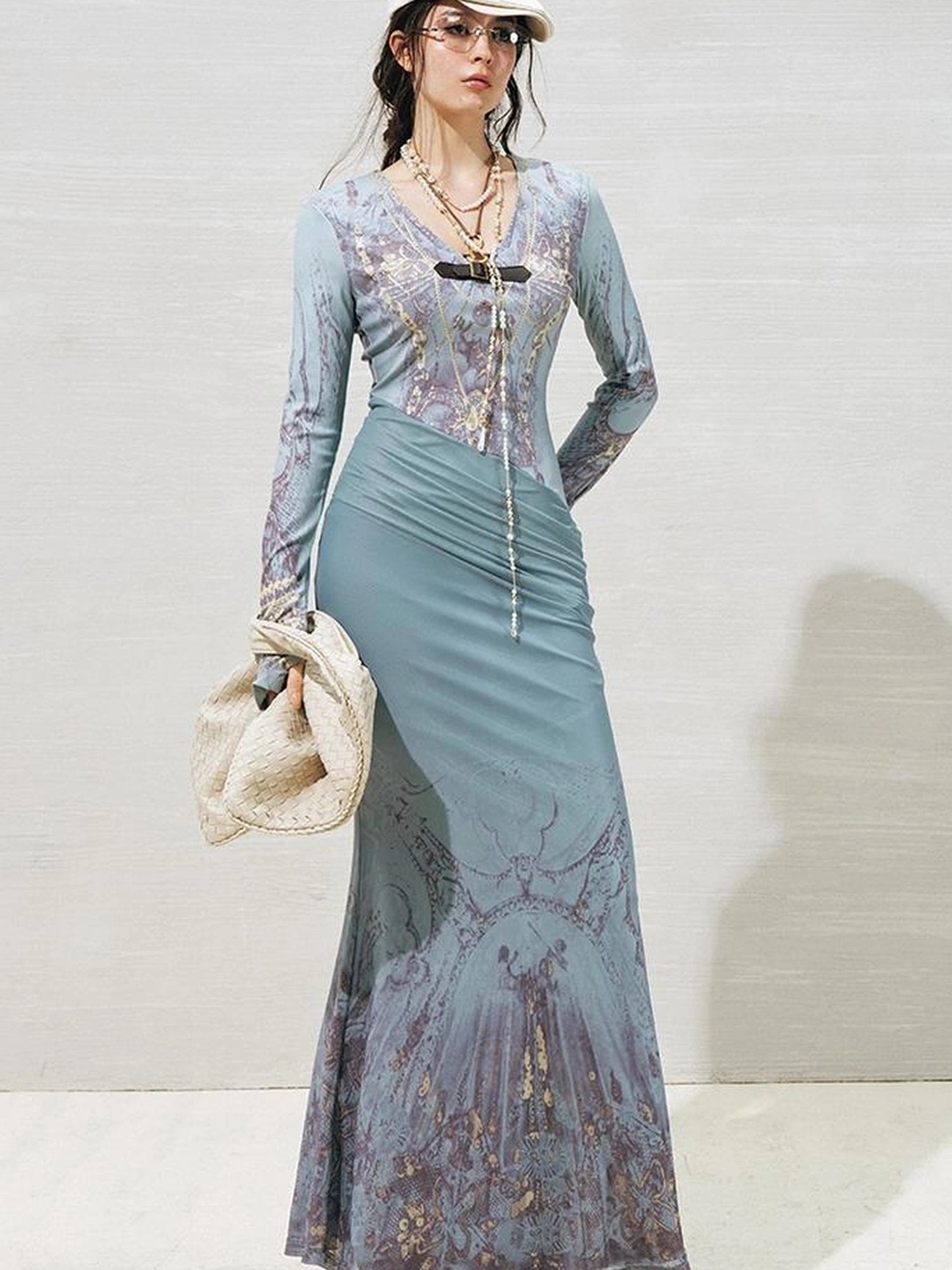 OfAkiva V-Neck Fishtail Maxi Dress With Floral Print