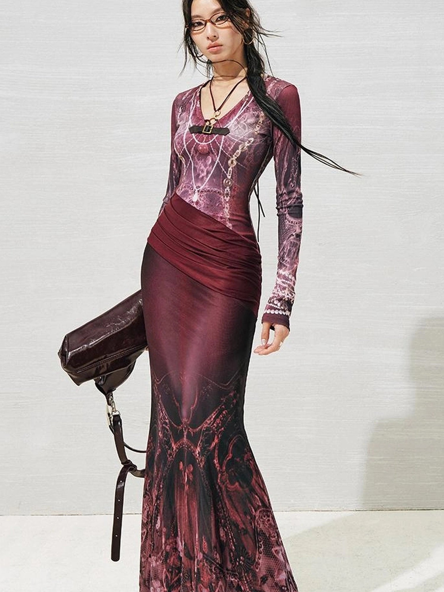 OfAkiva V-Neck Fishtail Maxi Dress With Floral Print