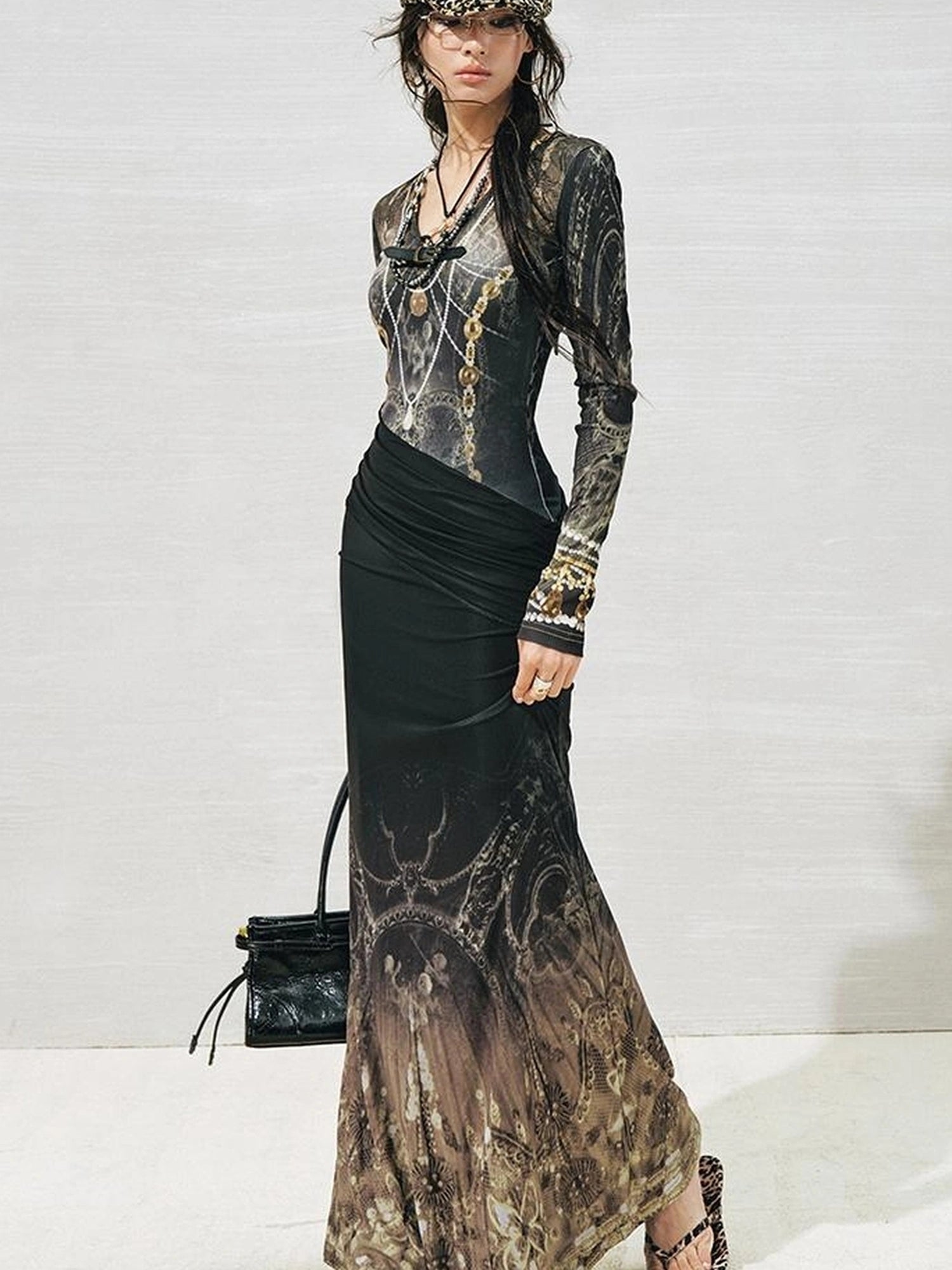 OfAkiva V-Neck Fishtail Maxi Dress With Floral Print