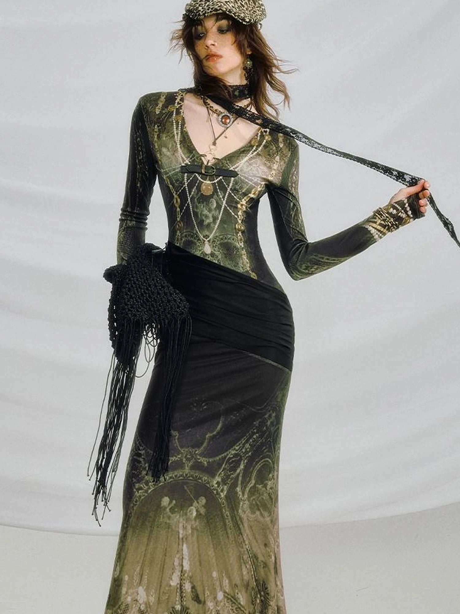 OfAkiva V-Neck Fishtail Maxi Dress With Floral Print